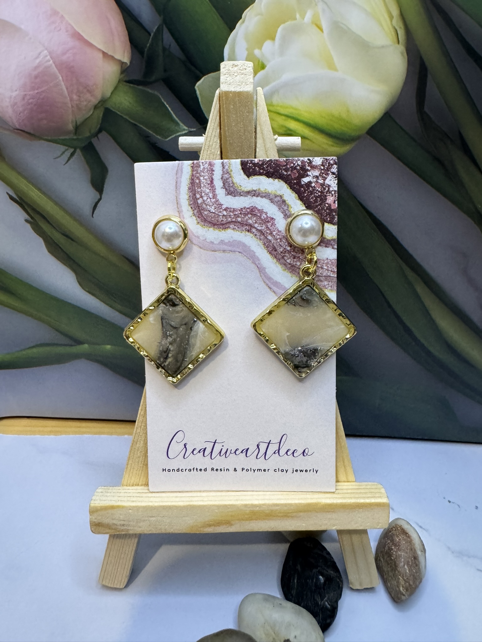 Square Faux Stone Clay With Faux Pearl