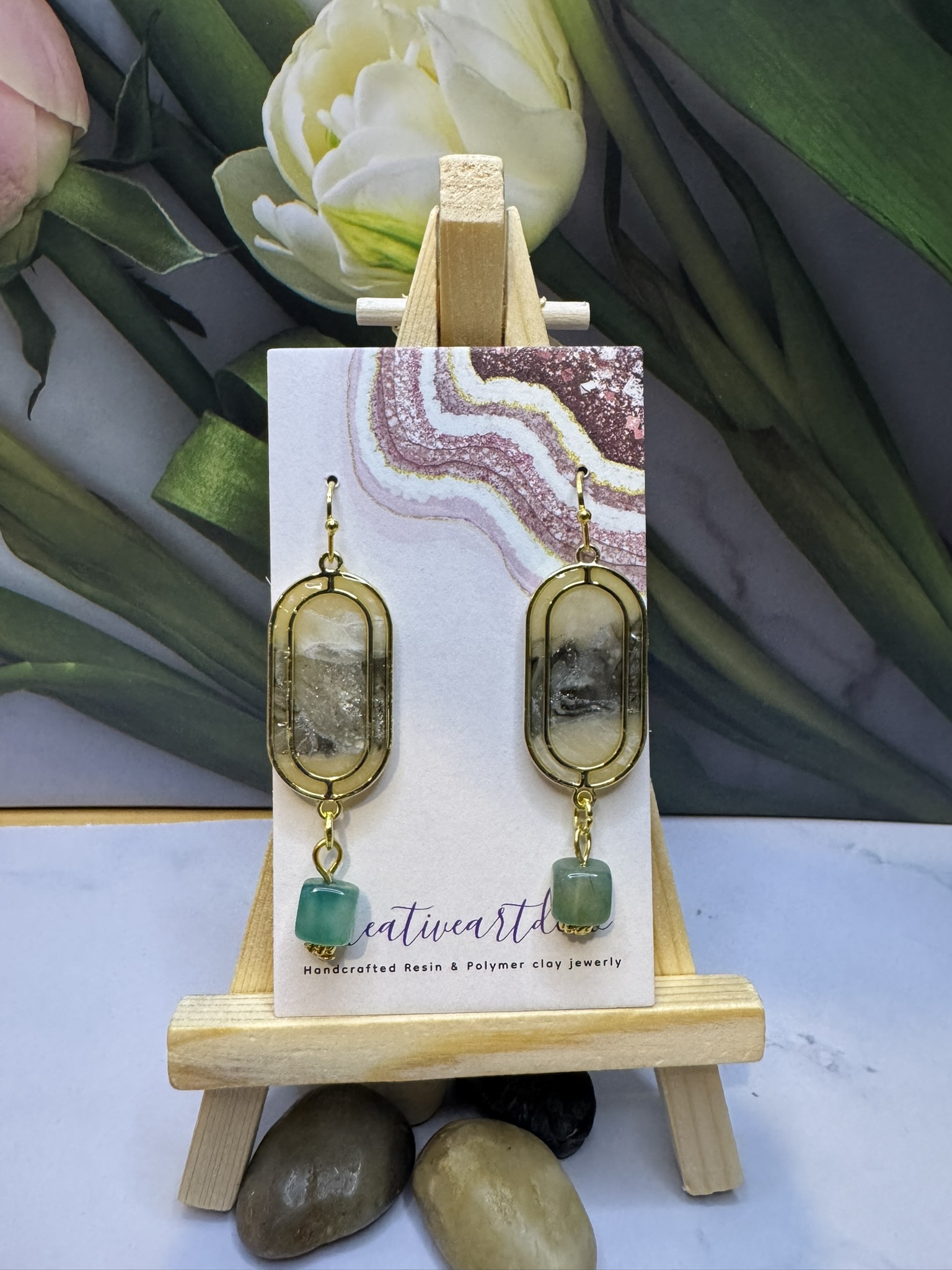 Faux Stone Clay and Gemstone Dangle Earrings