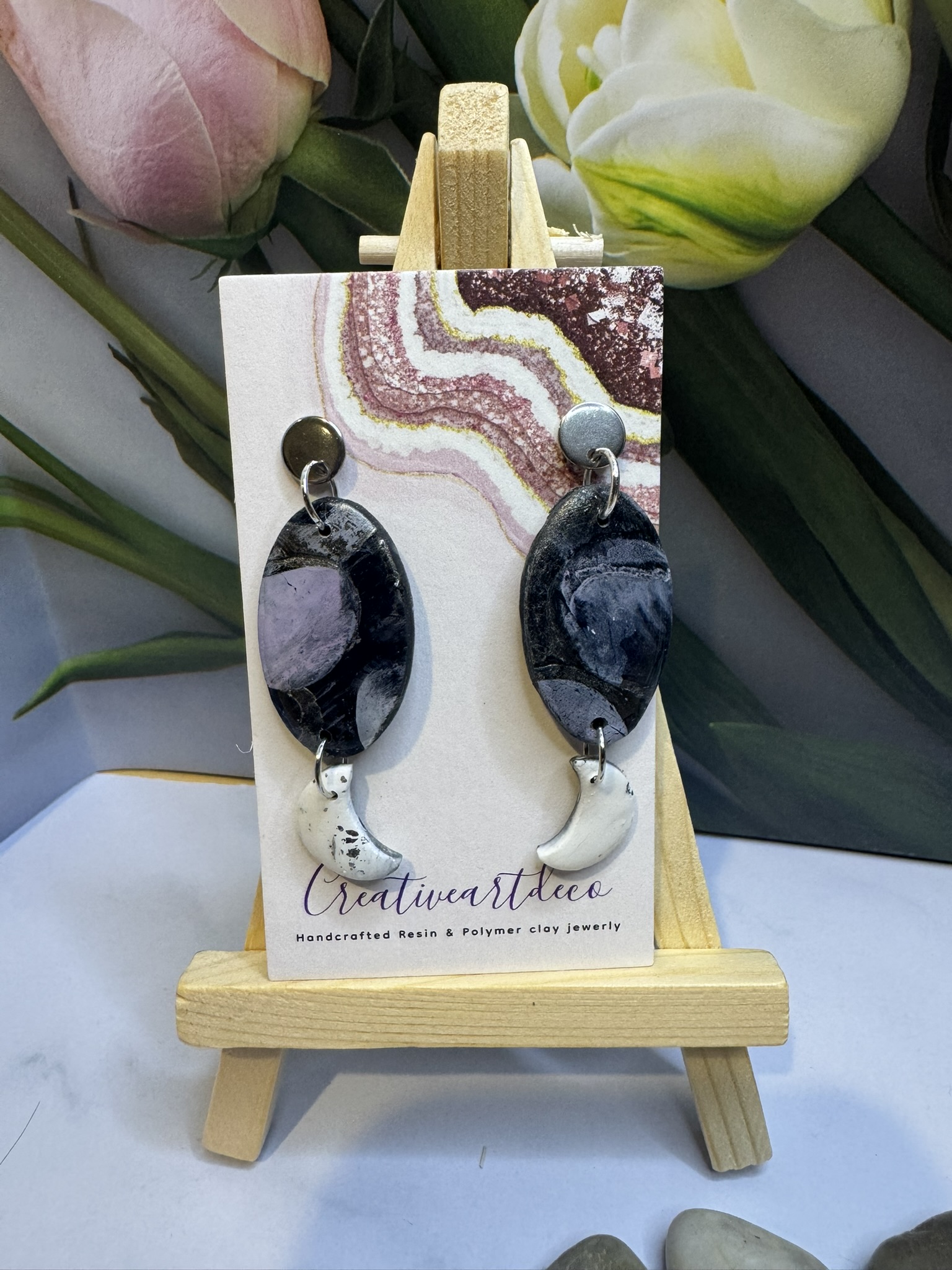 Faux Clay Oval and Moon Drop Earrings