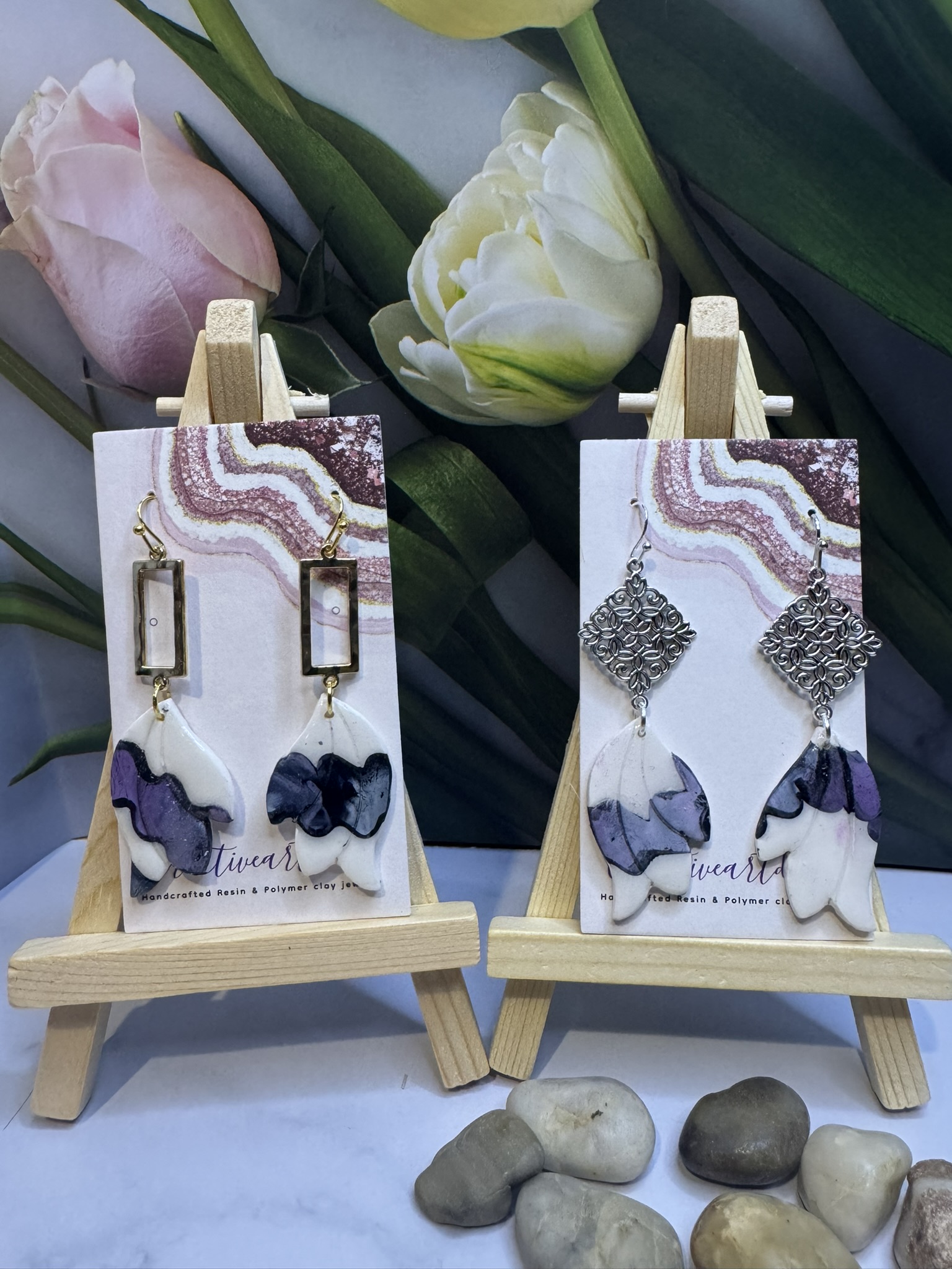 Floral fan dangle earrings