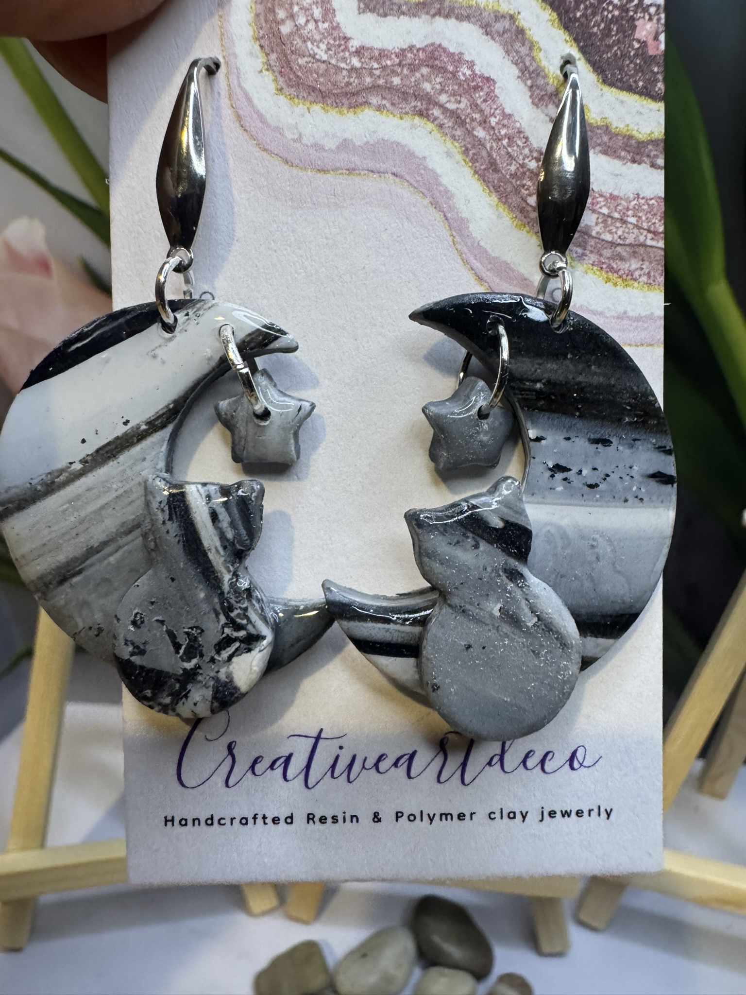 Faux stone clay cat on the moon and moon charm dangles