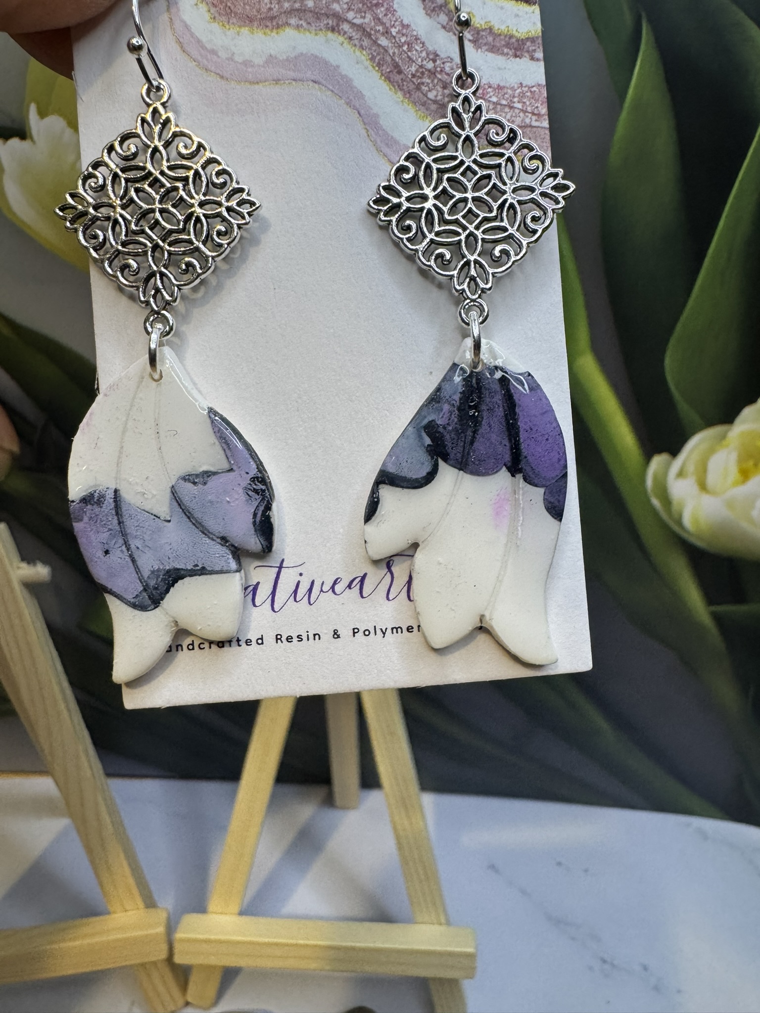 Floral fan dangle earrings