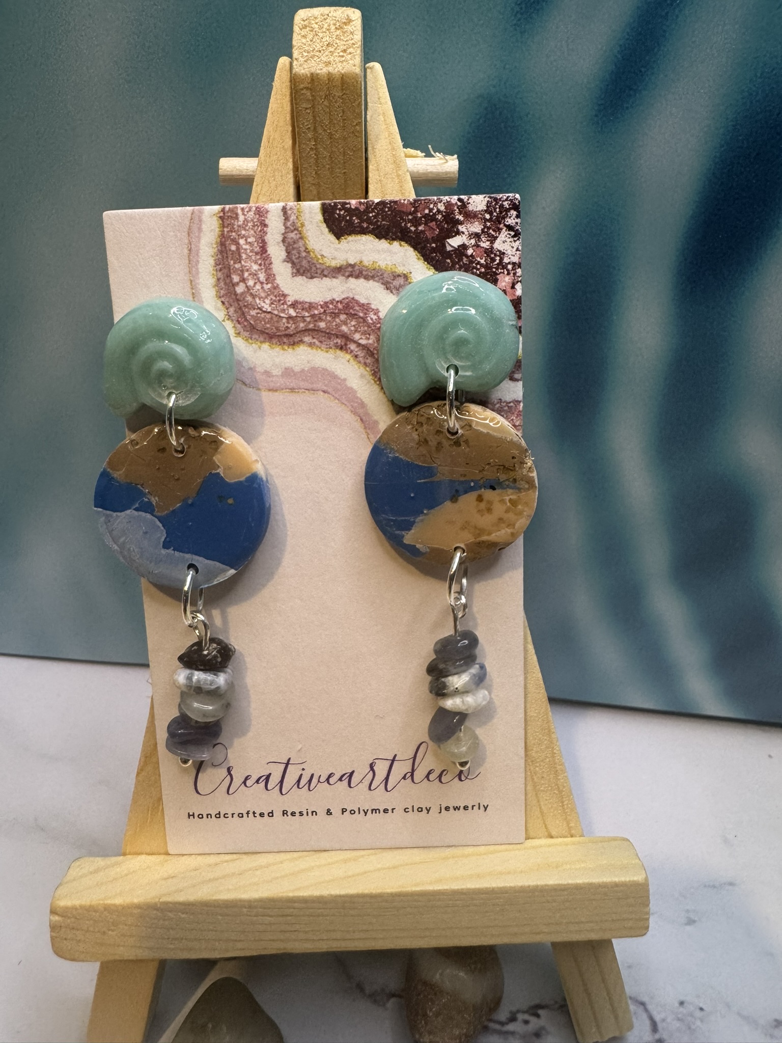 Resin & Polymer Clay Shell and Gemstone Drop Earrings