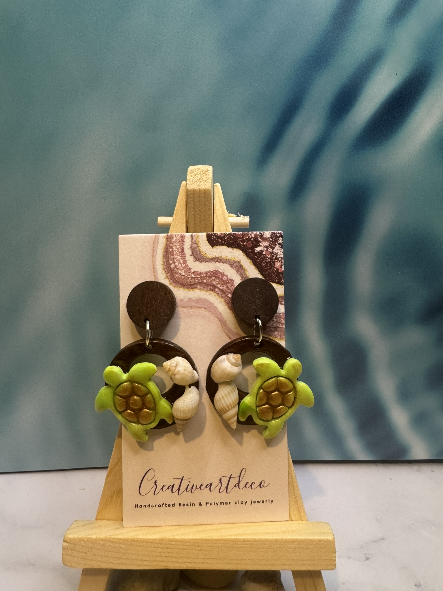 Clay Sea Turtle and Wood Dangle Earrings
