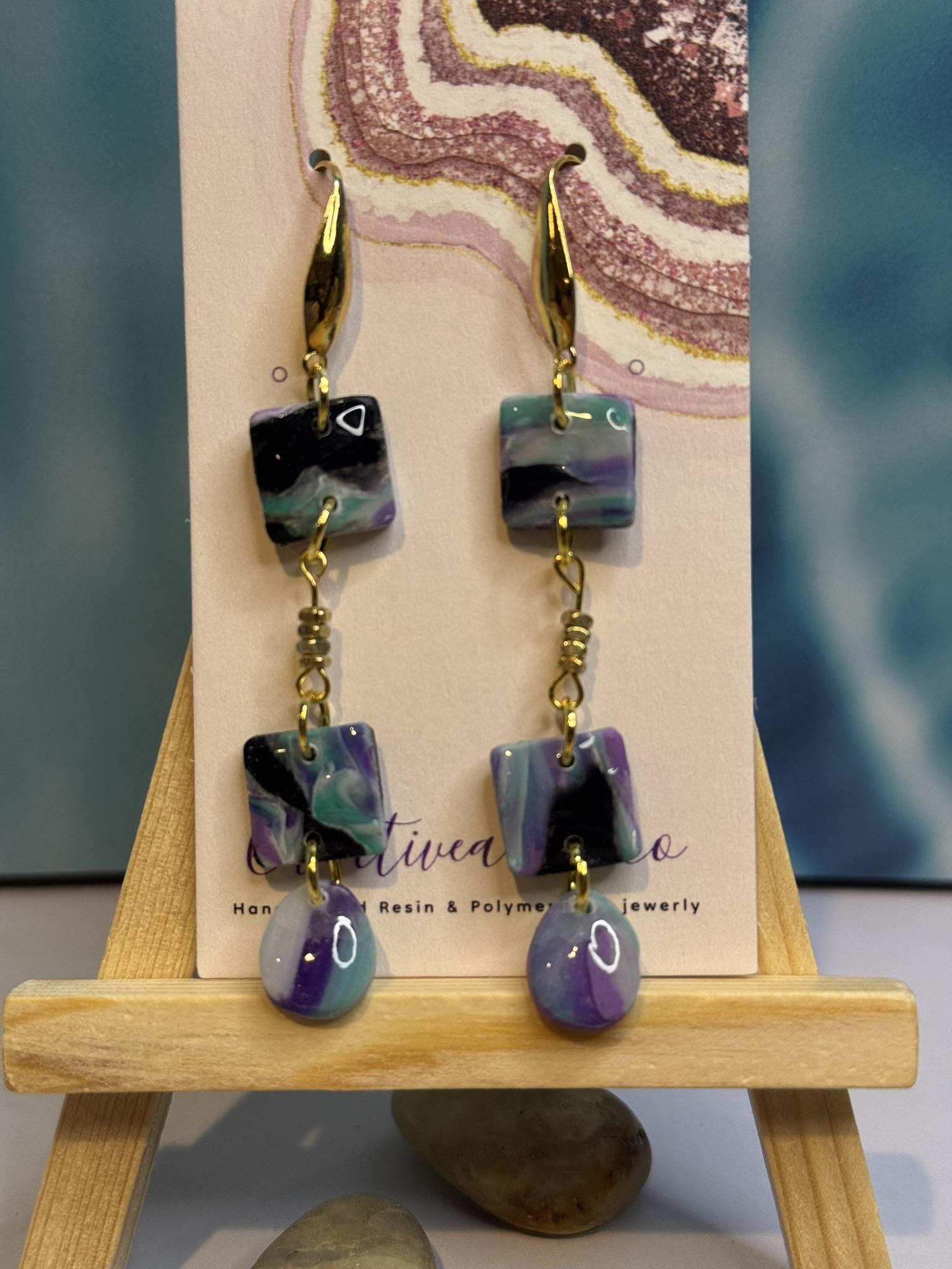 Square faux stone dangles with gold plated beads