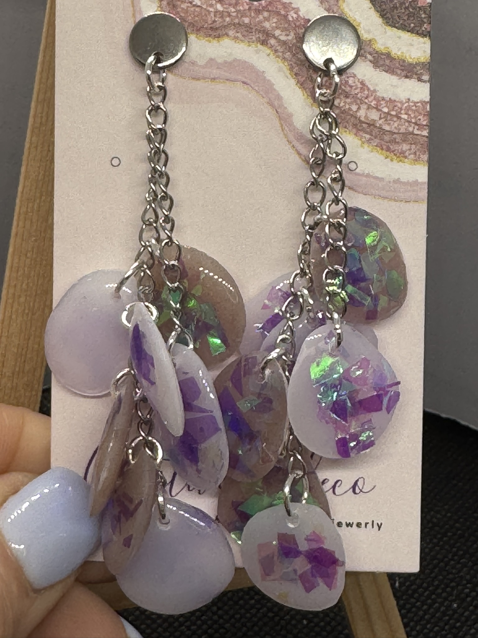 Chain Dangle Resin Iridescent Petal Earrings