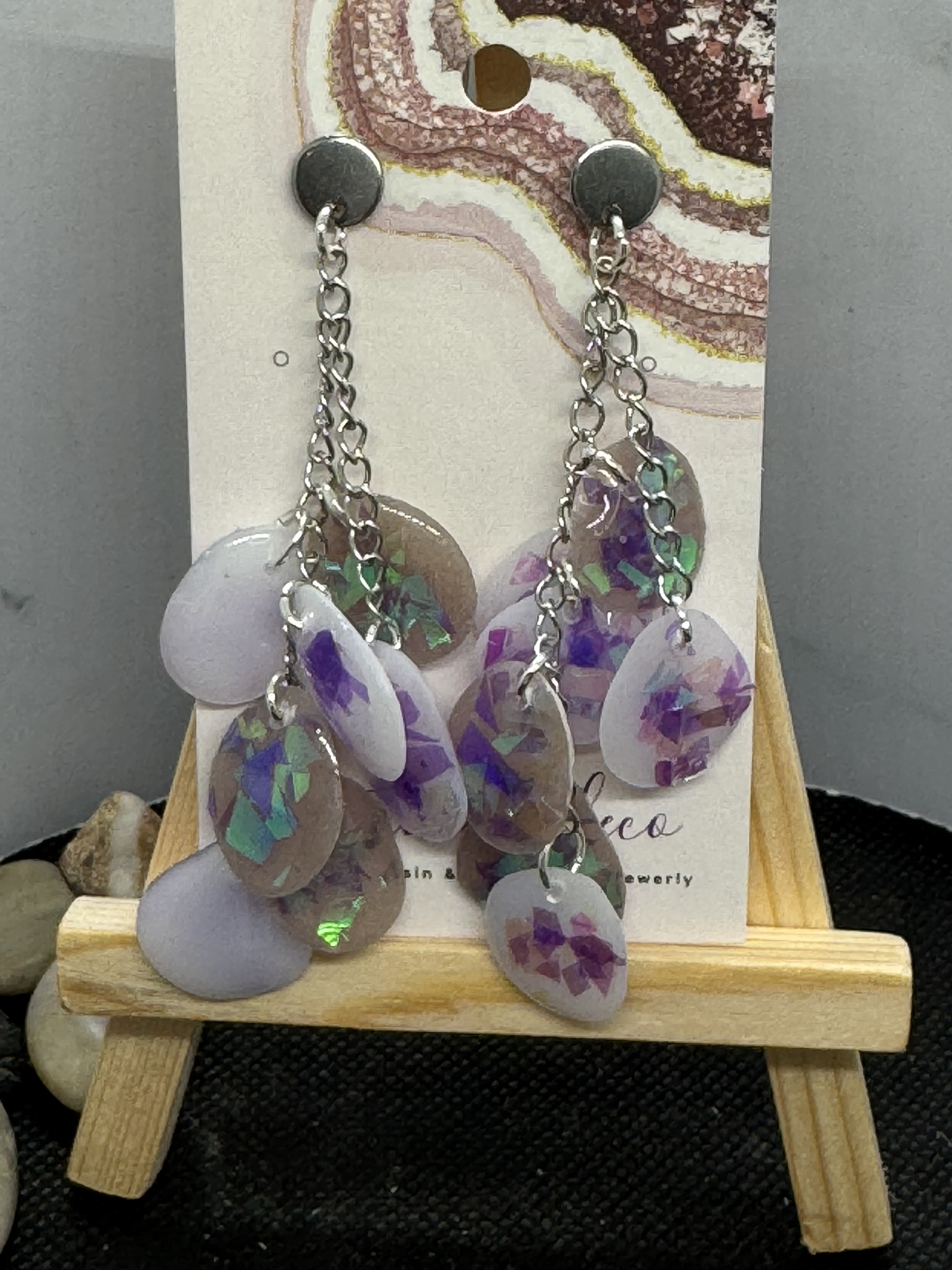 Chain Dangle Resin Iridescent Petal Earrings