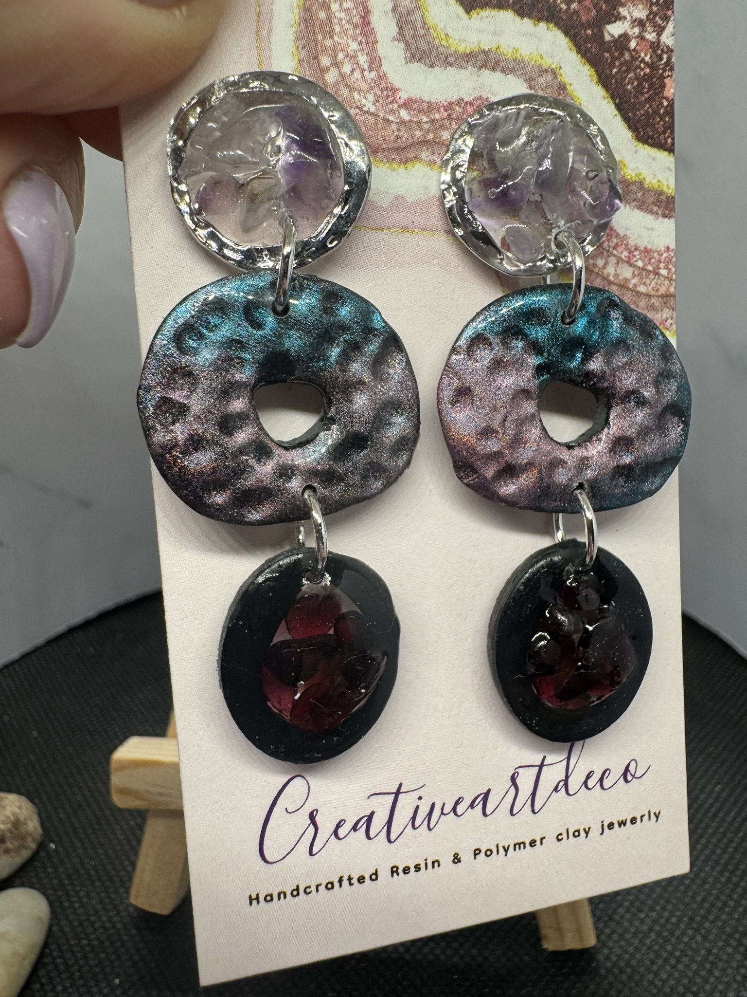 Handcrafted Resin and Clay Garnet Crystals Earrings