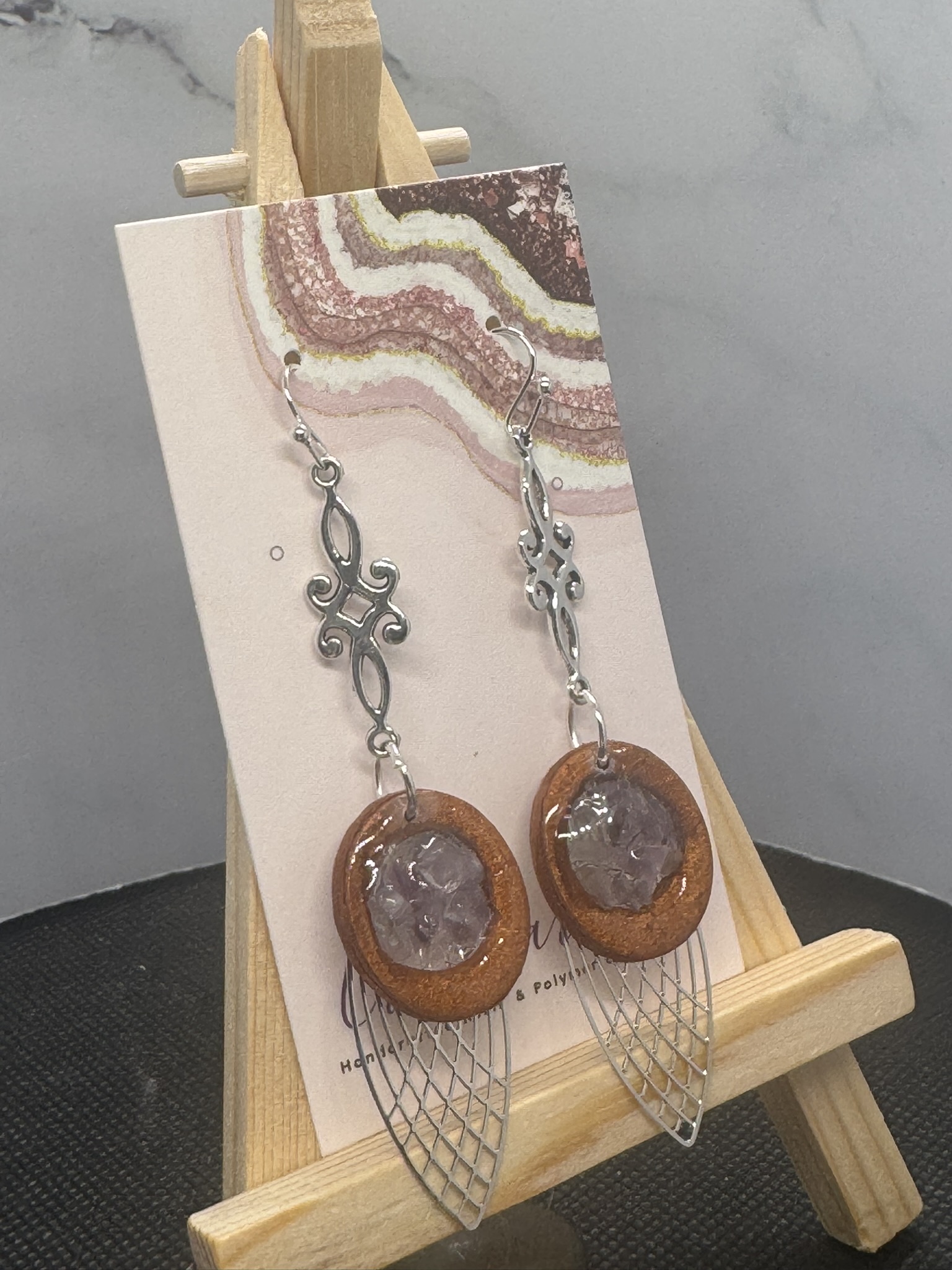Amethyst and Metallic Bronze Geometric Feather Dangles