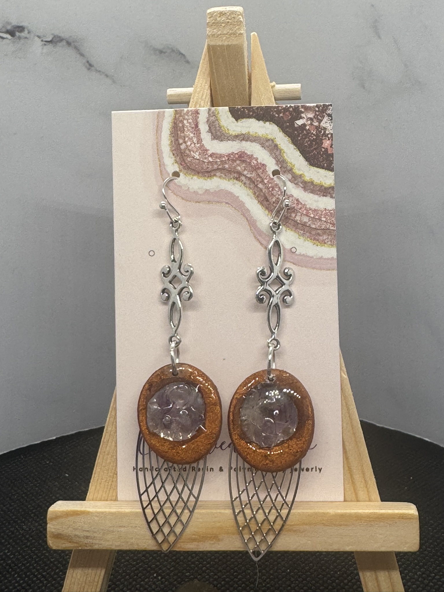 Amethyst and Metallic Bronze Geometric Feather Dangles