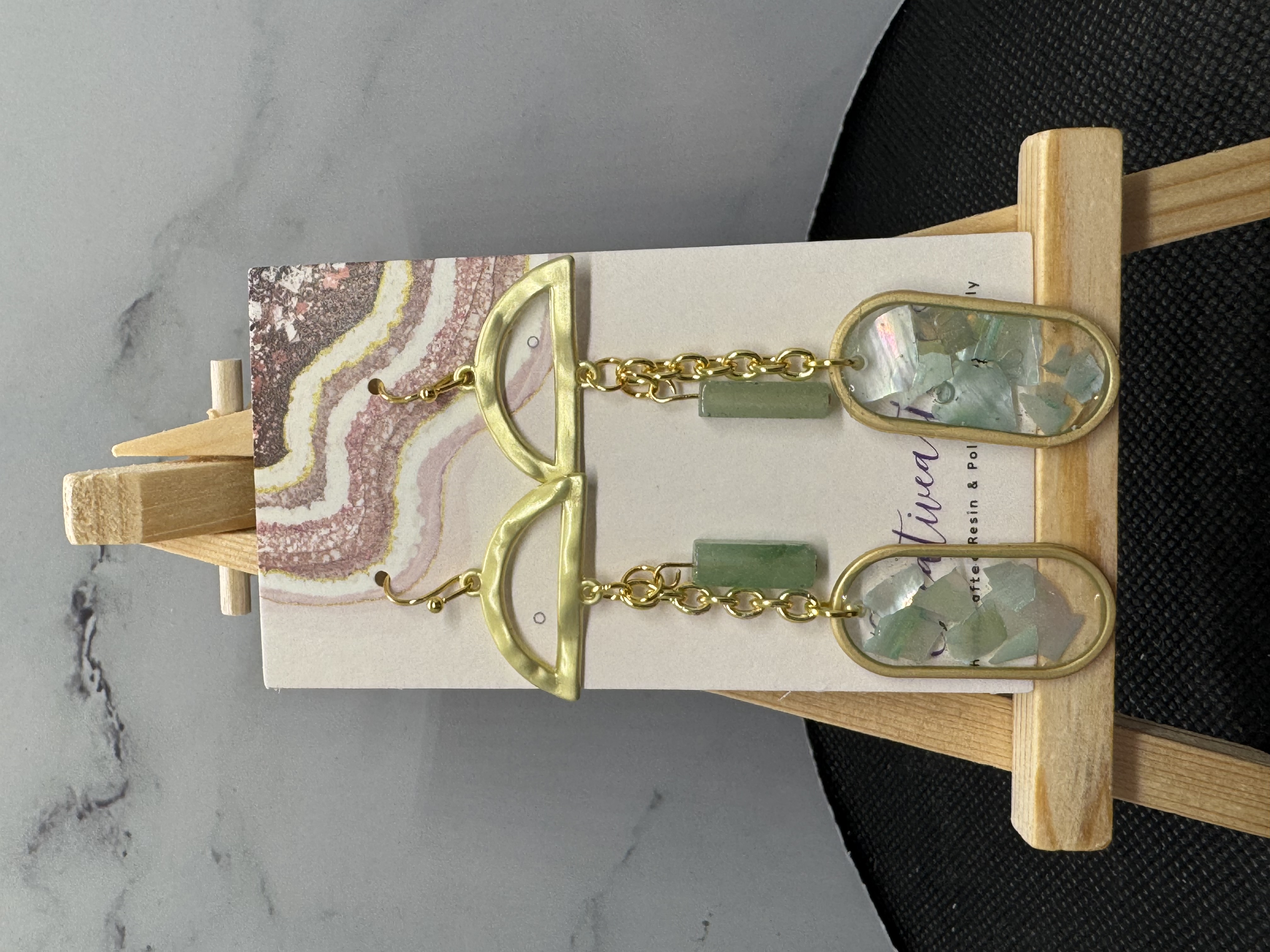 Green Jade and Abalone Gold Dangle Earrings
