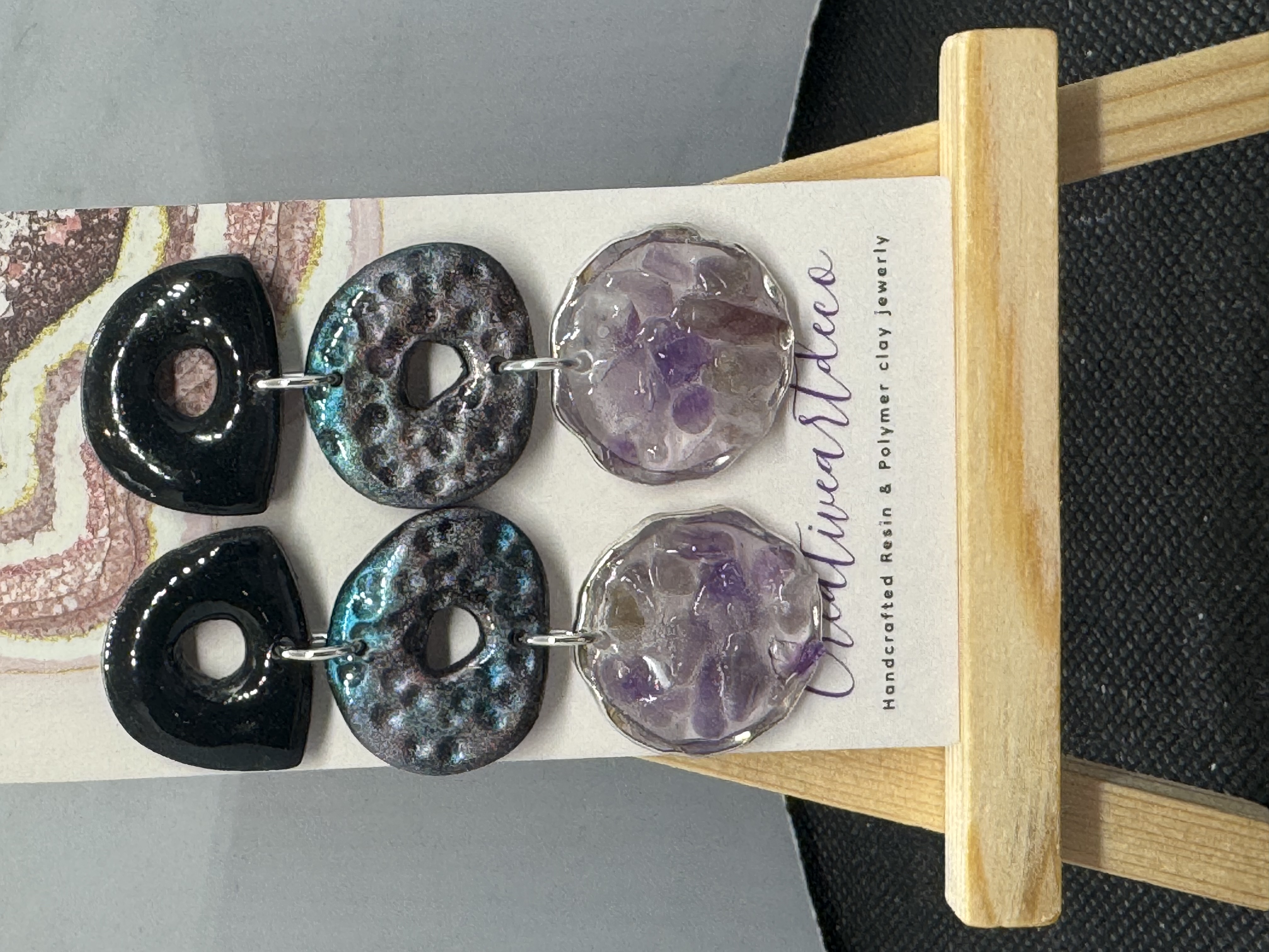 Shimmering Geometric Organic Drop Resin and Amethyst and Abalone Earrings