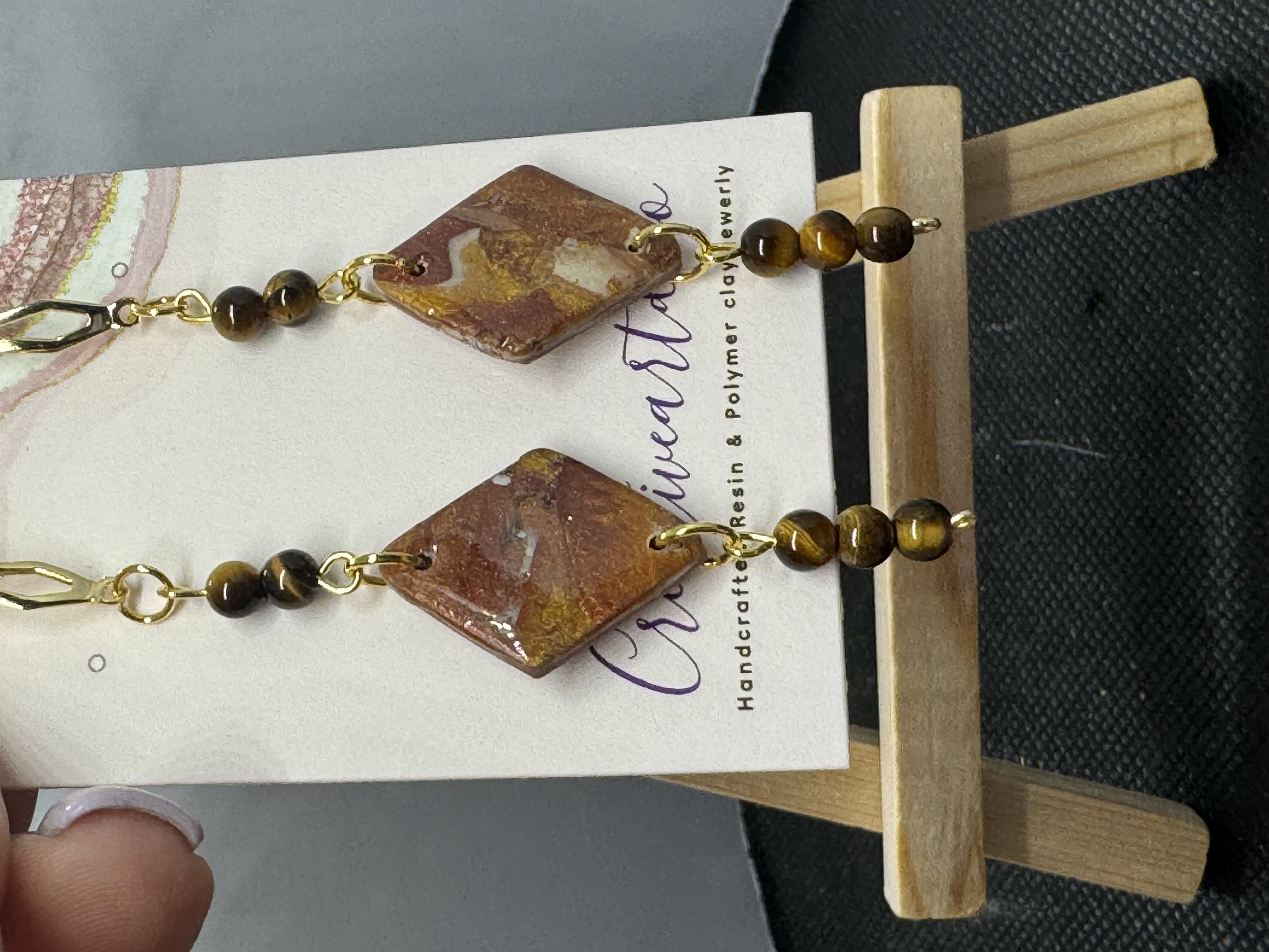 Tiger Eye and Metallic Bronze Clay Earrings
