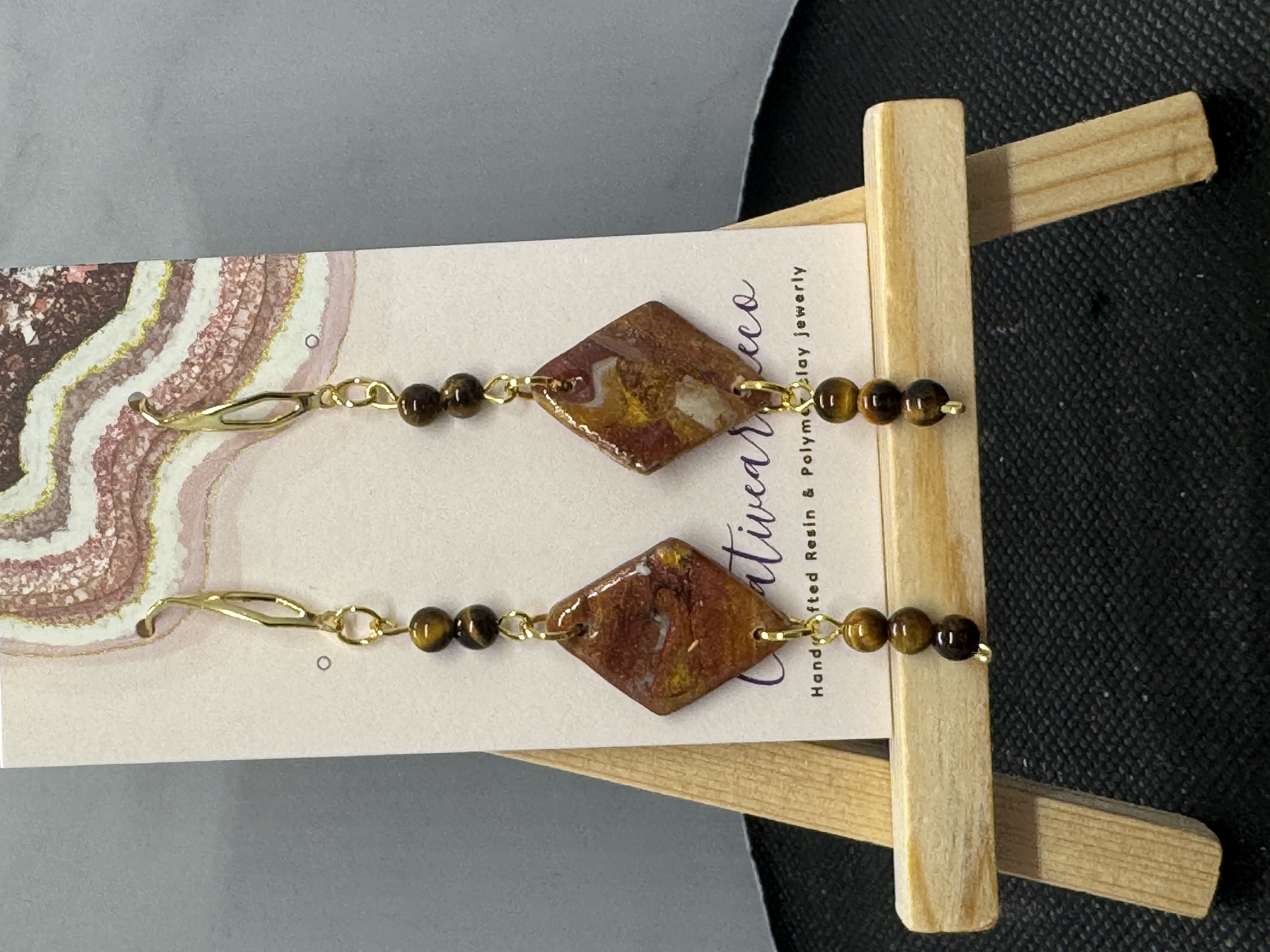 Tiger Eye and Metallic Bronze Clay Earrings