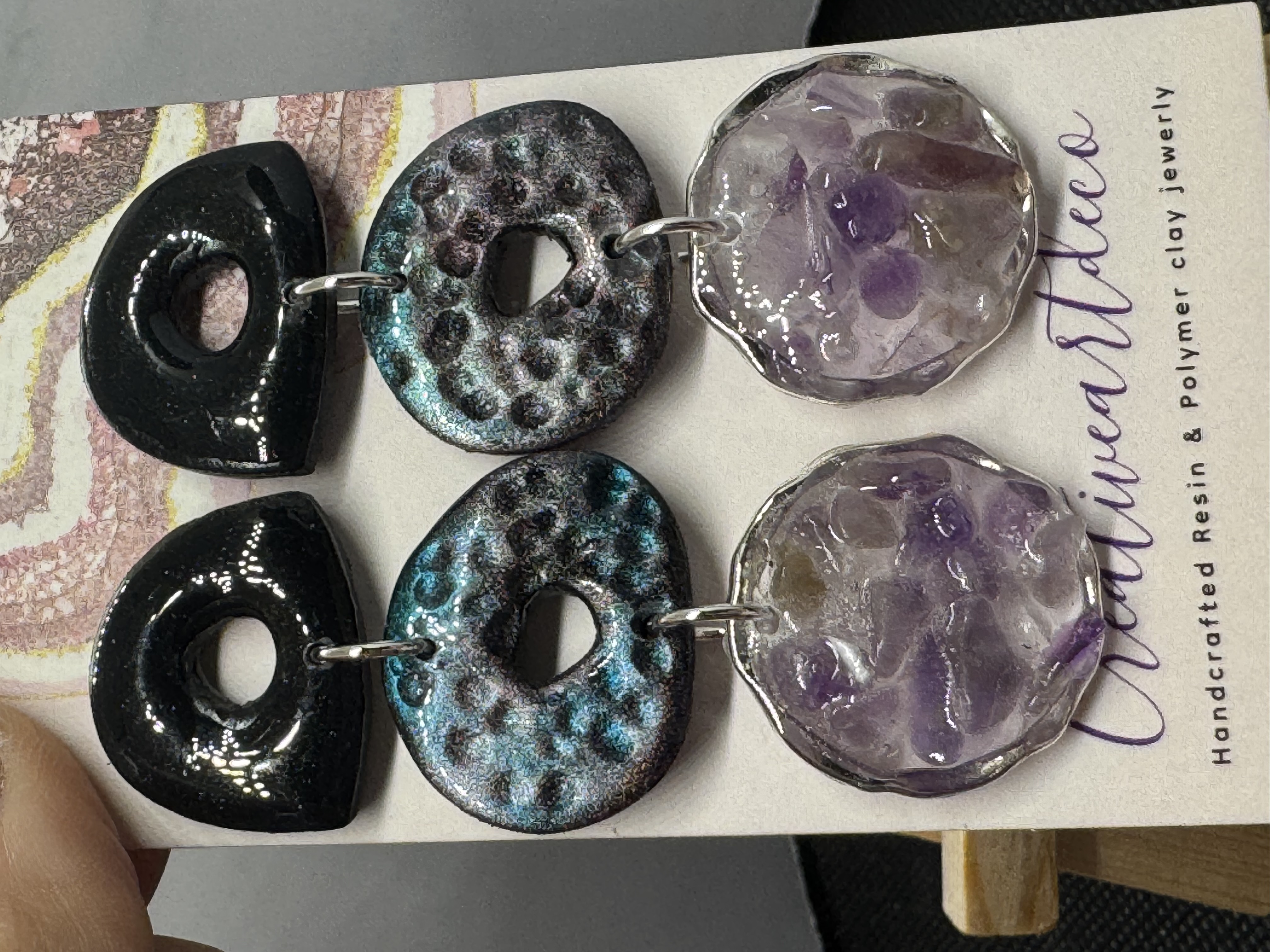 Shimmering Geometric Organic Drop Resin and Amethyst and Abalone Earrings