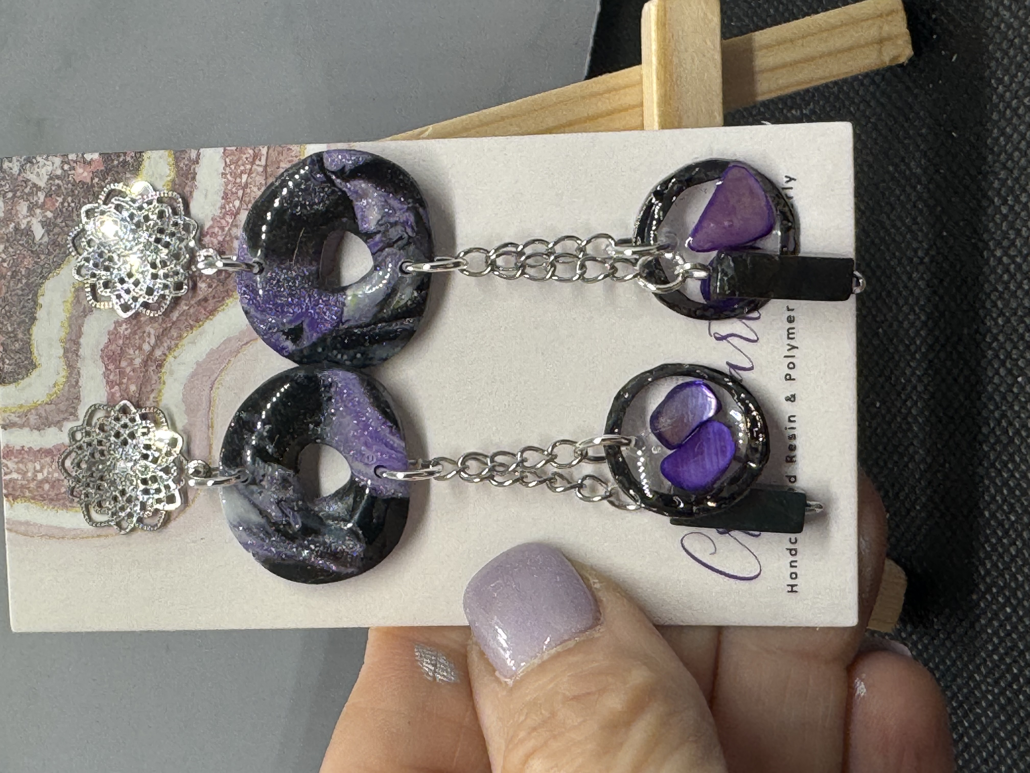 Shimmering Geometric Organic Drop Resin and Amethyst and Abalone Earrings