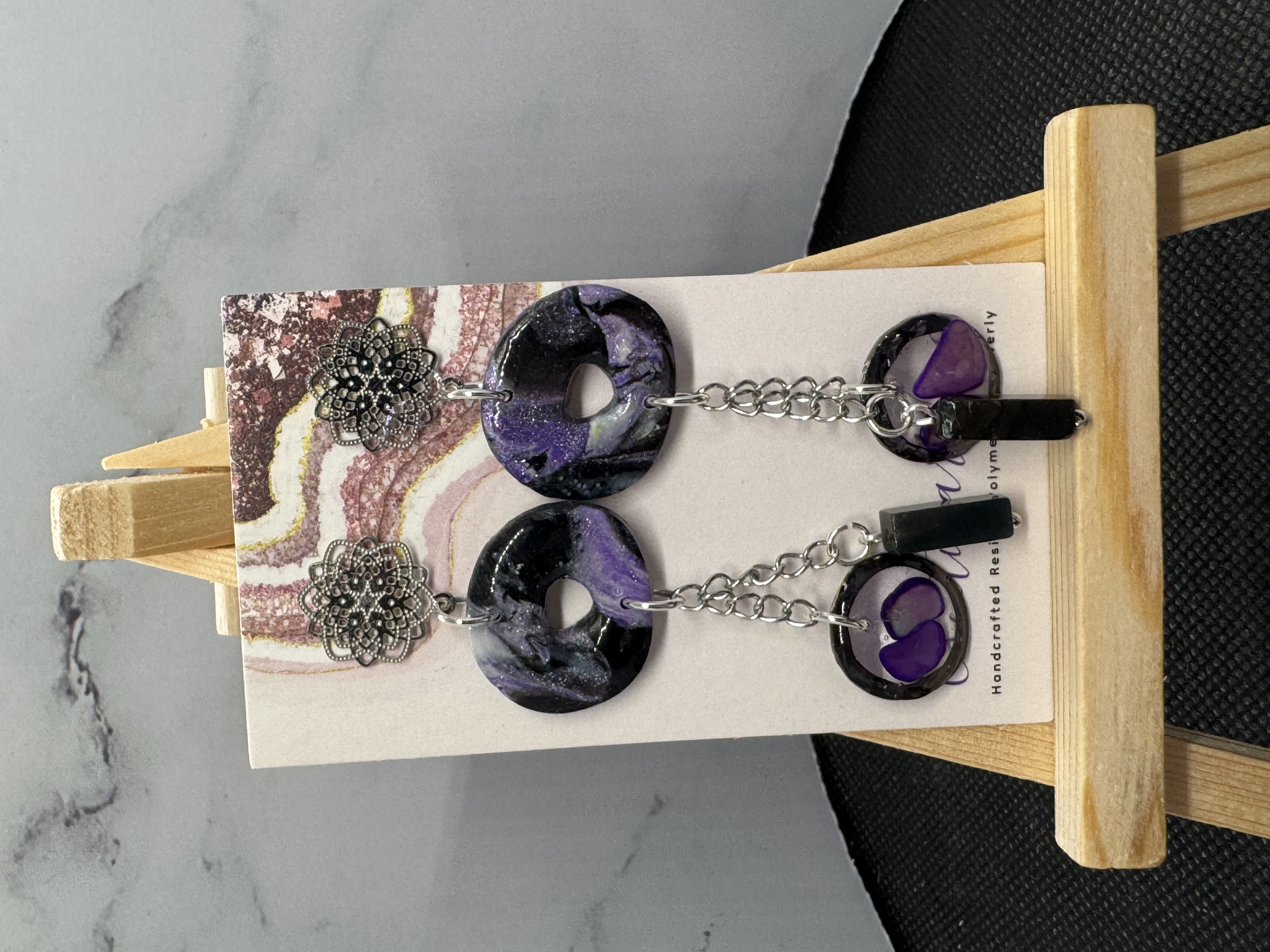 Shimmering Geometric Organic Drop Resin and Amethyst and Abalone Earrings