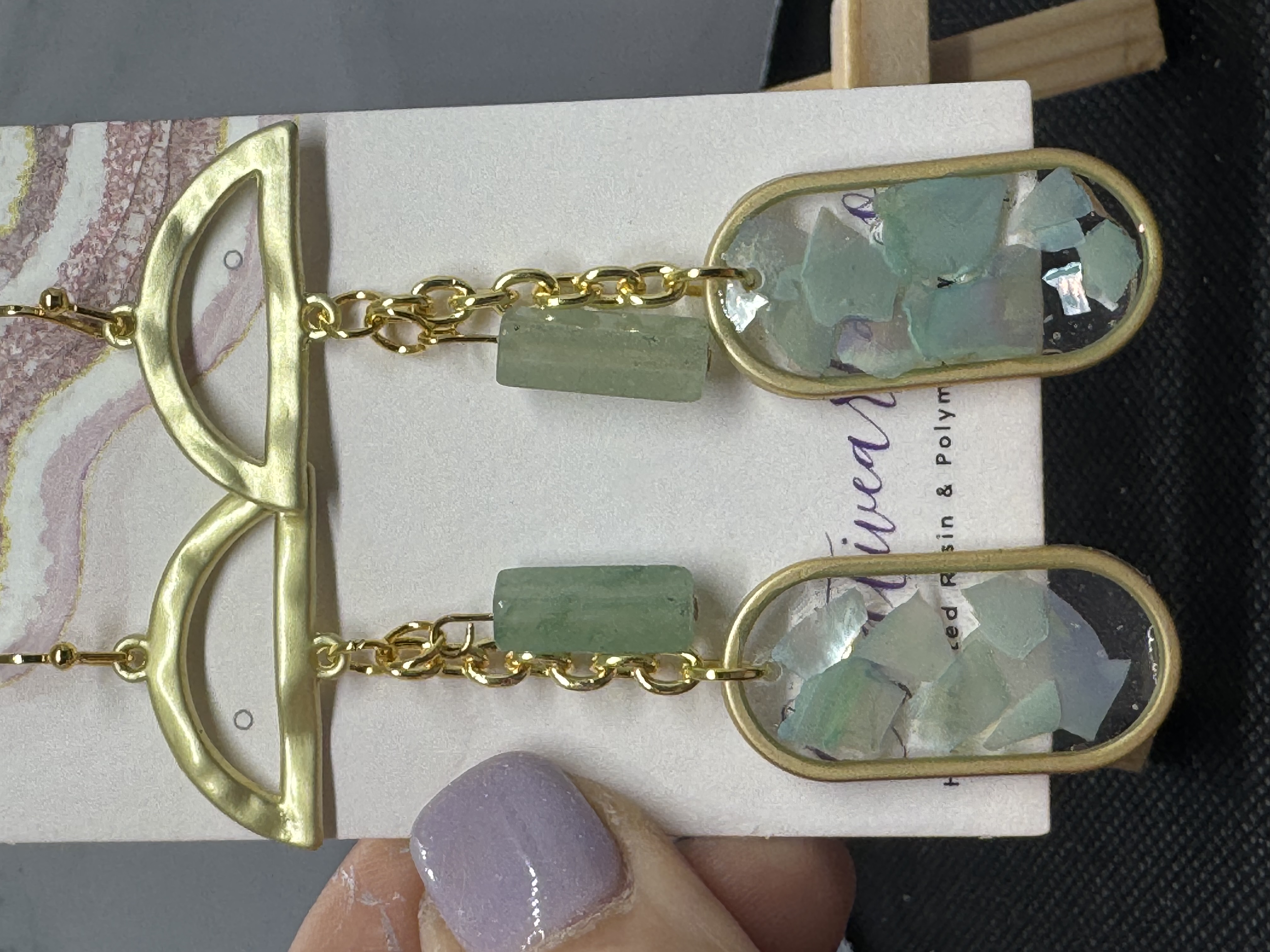Green Jade and Abalone Gold Dangle Earrings