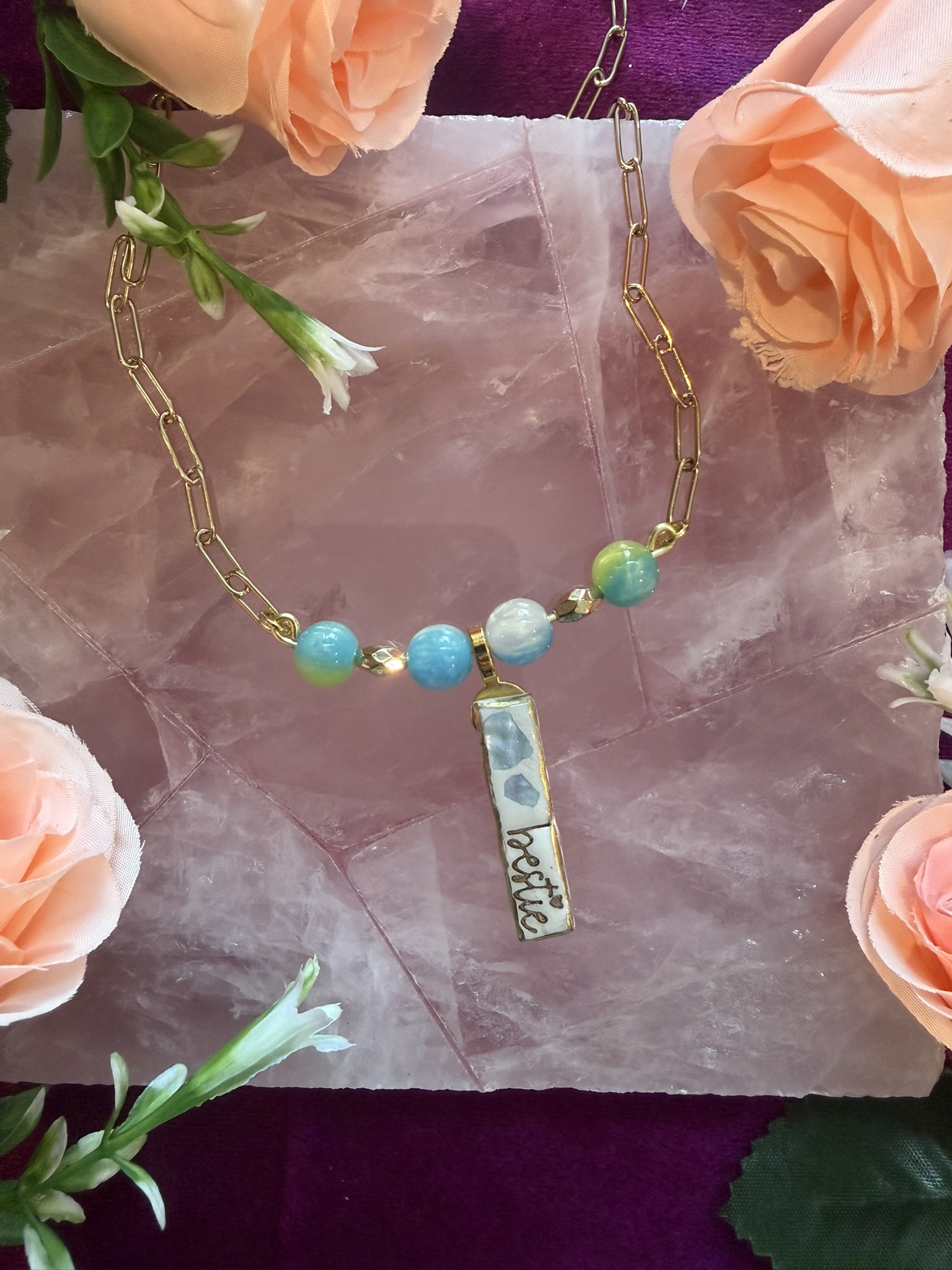 Bestie Bar Necklace with Abalone Glass Blueish/Green Beads
