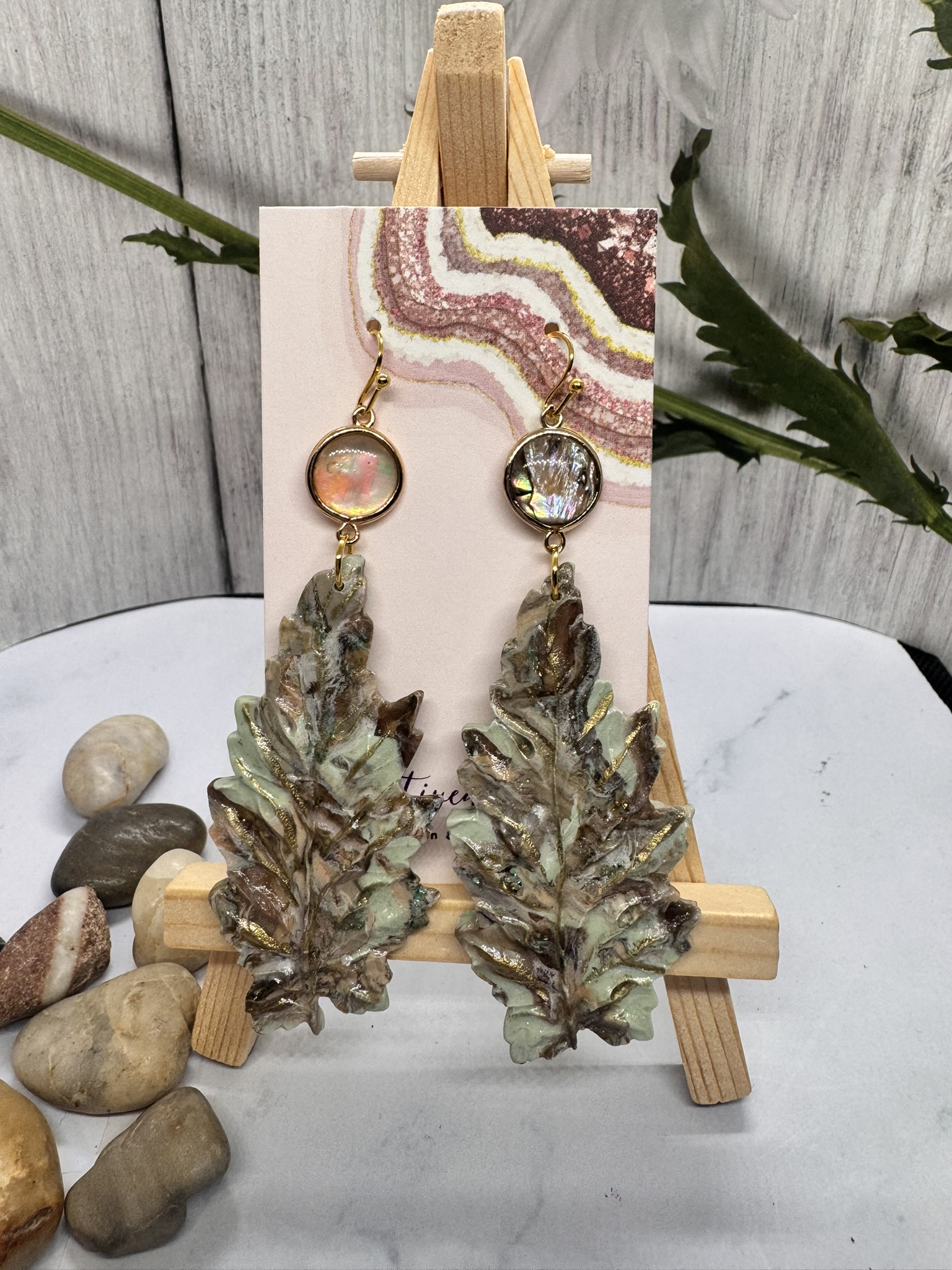 Abalone and Leaf Clay Earrings