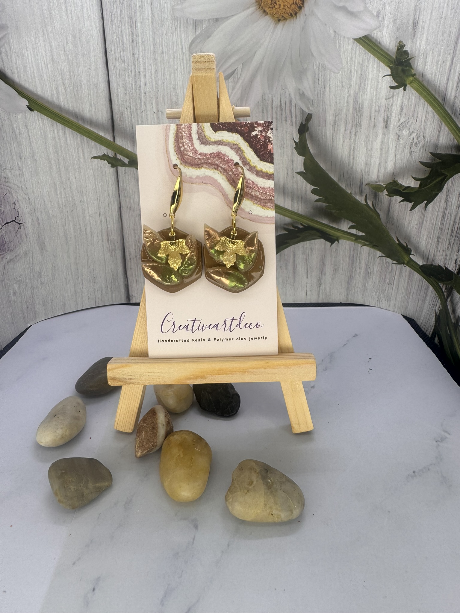 Octagon leaf and Gold maple leaf Charm Earring