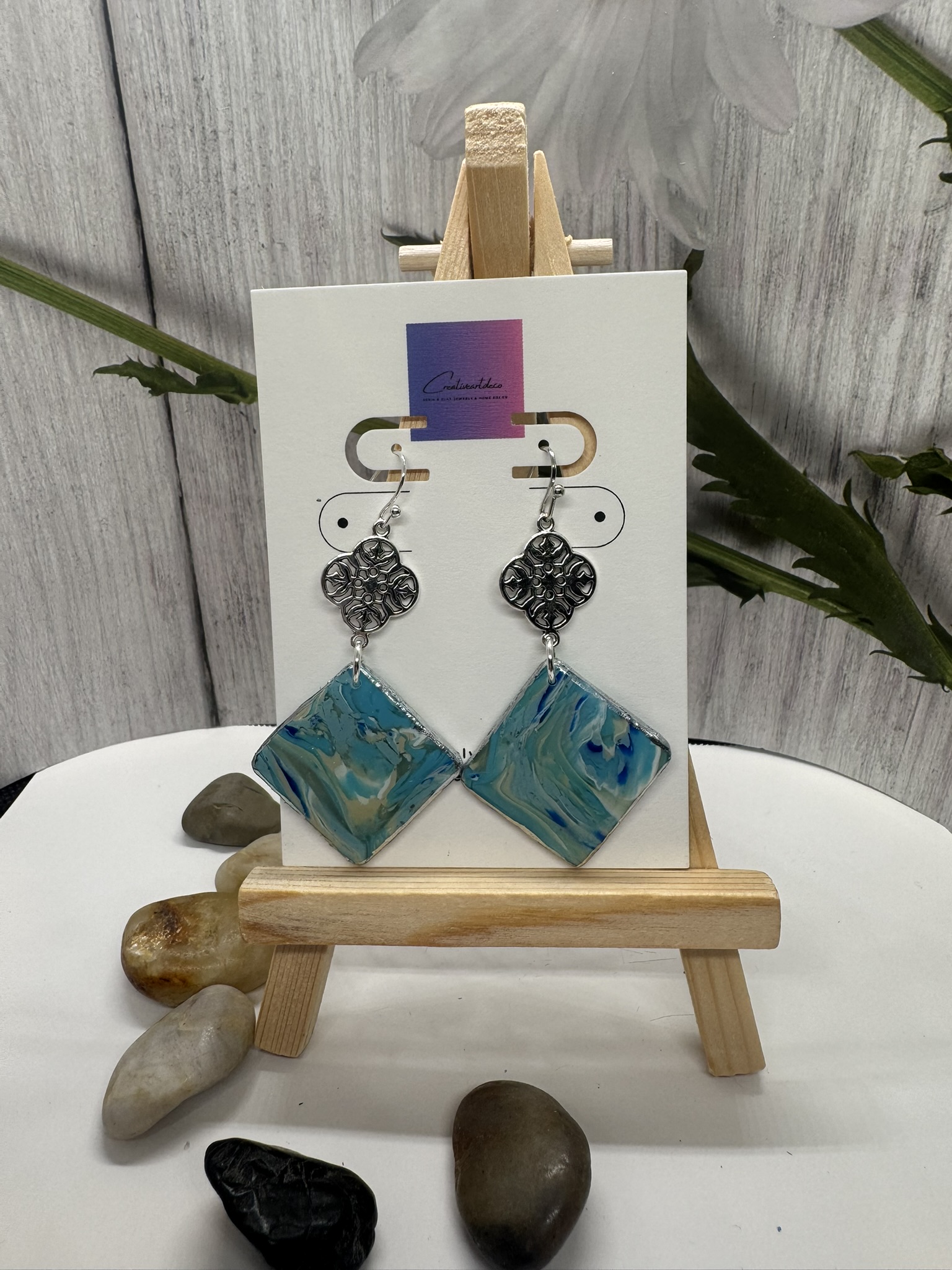 Square Blue Scheelite and Silver Encased Dangles