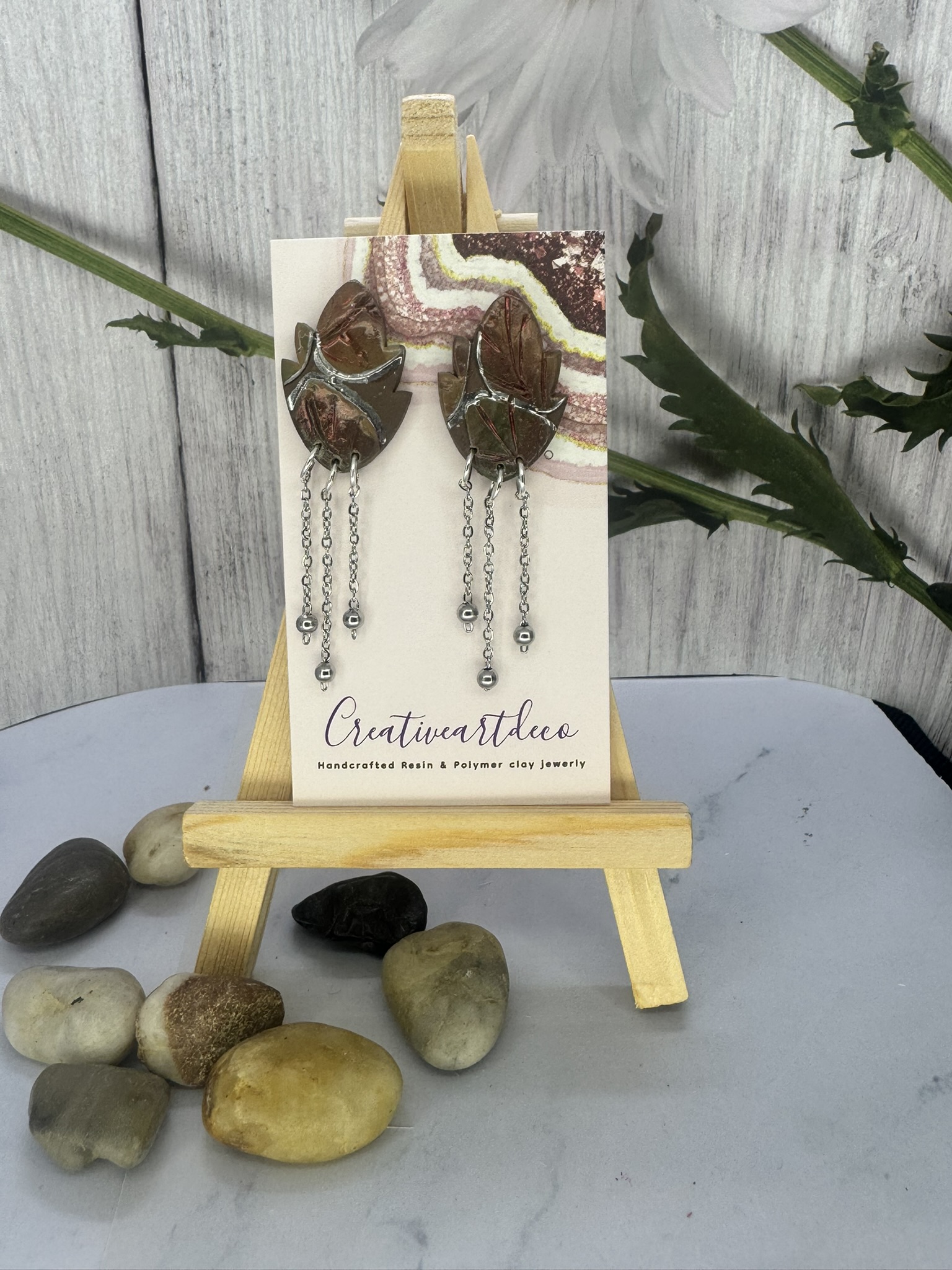 Contemporary Leaf Chain Drop Clay Earrings