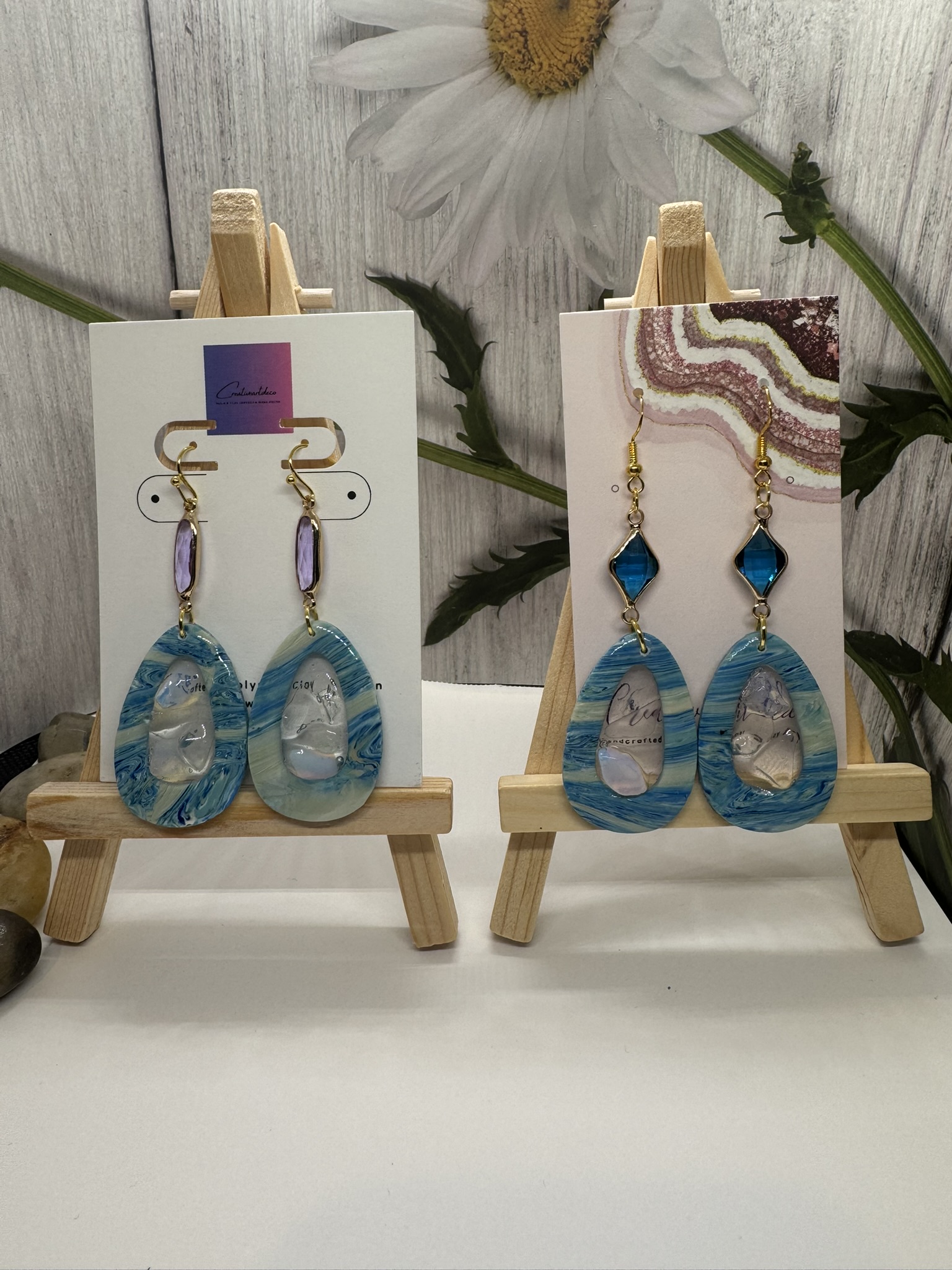 Oval Faux Blue Scheelite with Genuine Moonstone in Resin with Glass Beads