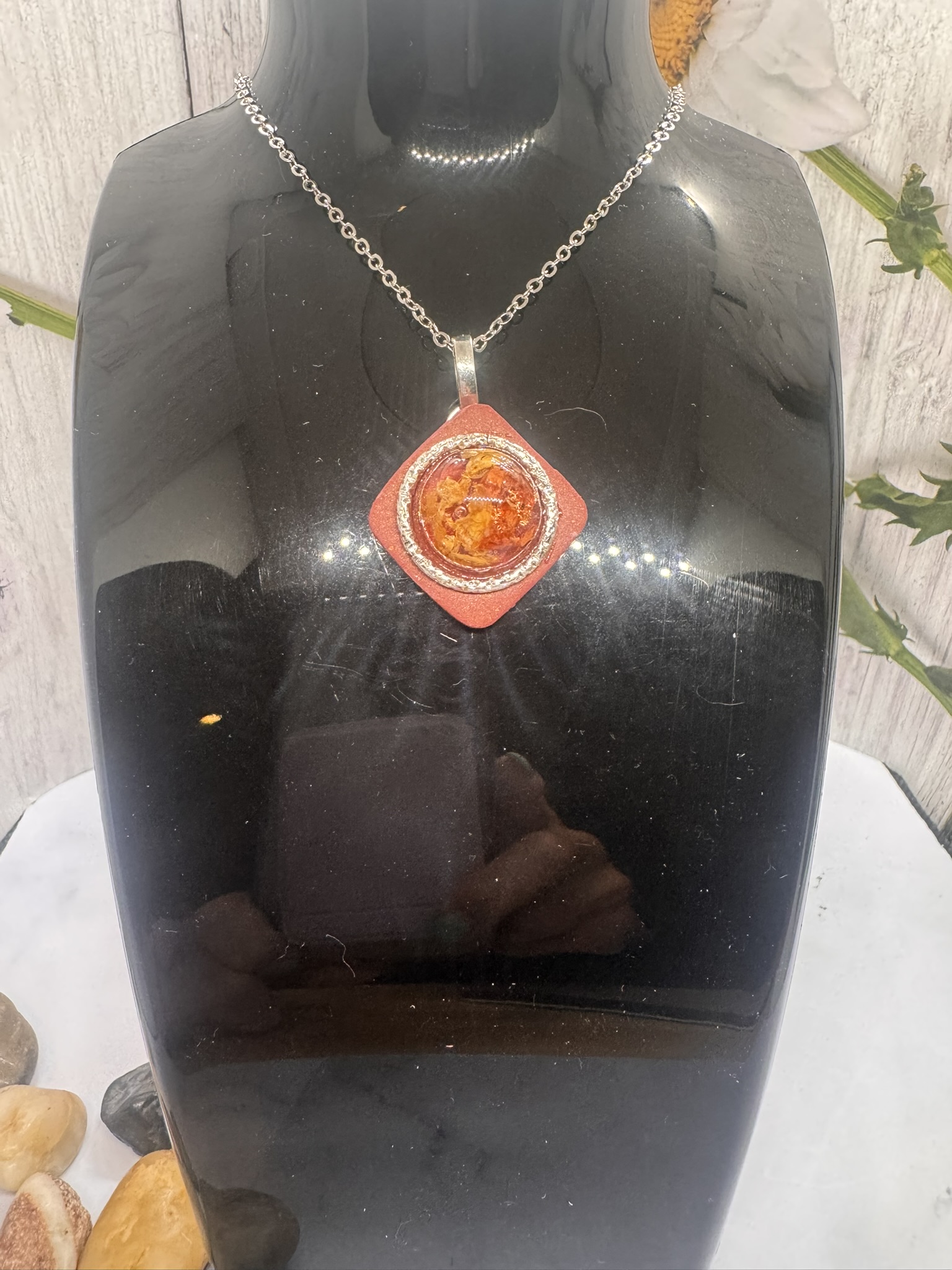 Clay square center with Amber Dried Flowers in Resin Pendant