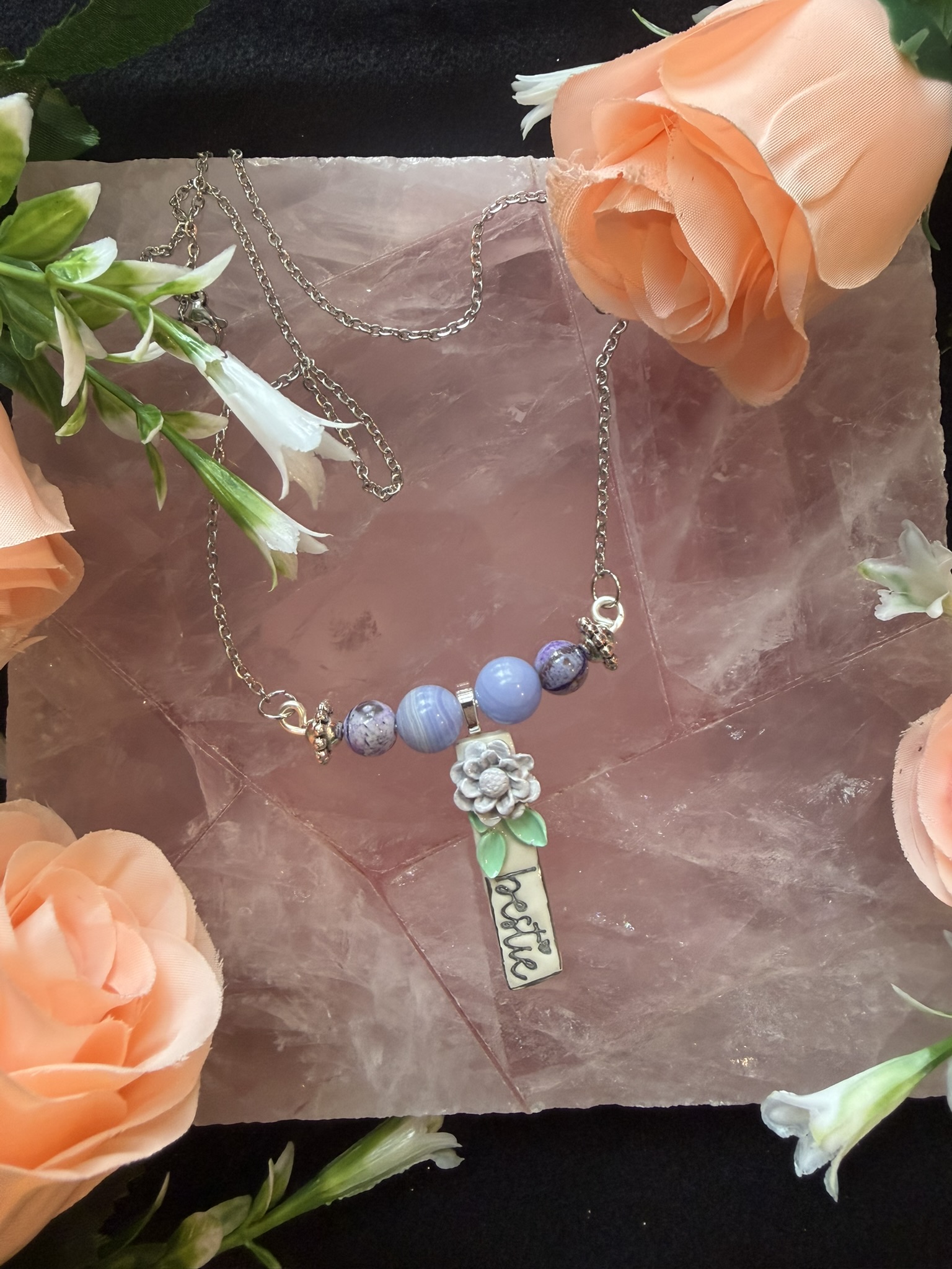 Bestie Bar Charm and Amethyst Bead Necklace