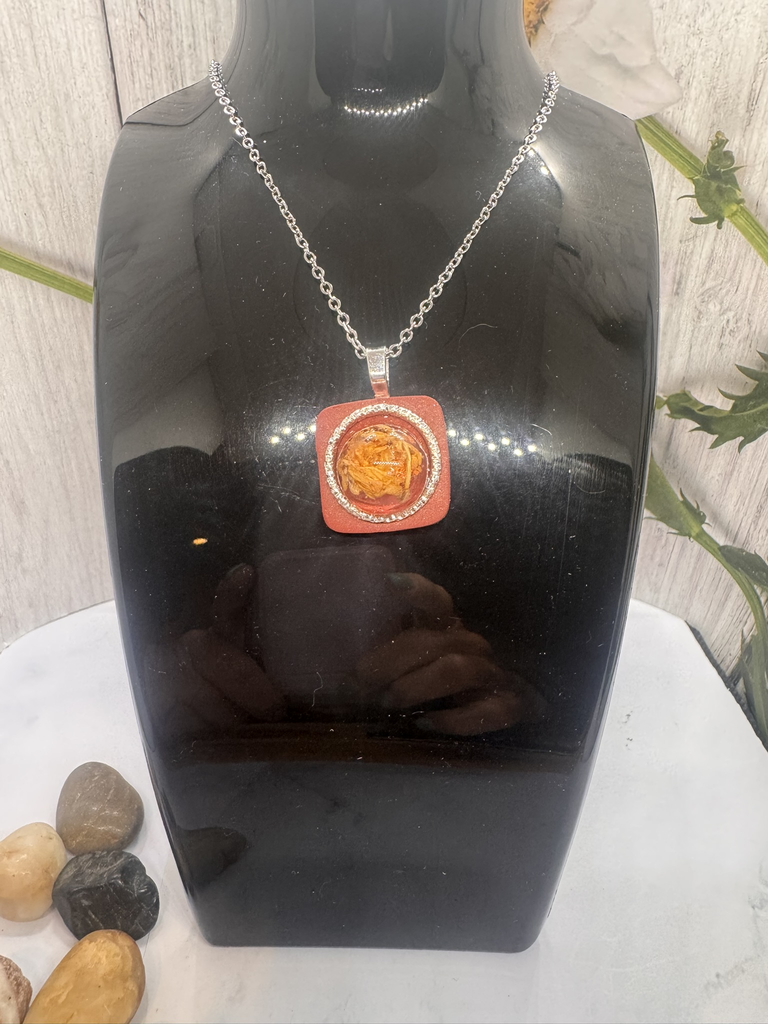 Faux Clay Pendant and Dried Flower Bezel Necklace