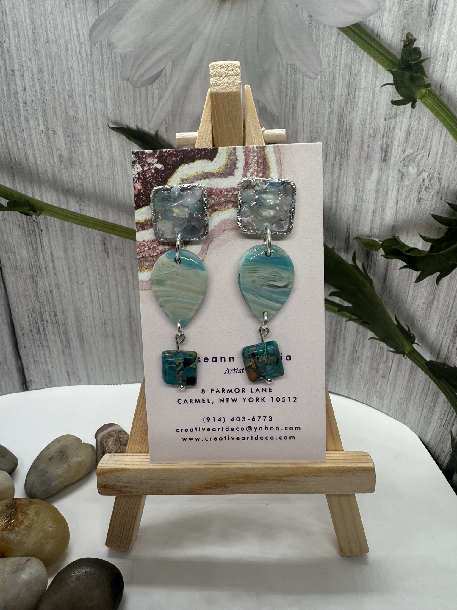 Resin and Moonstone Post with Tear Drop Faux Blue Scheelite and turquoise bead Dangle