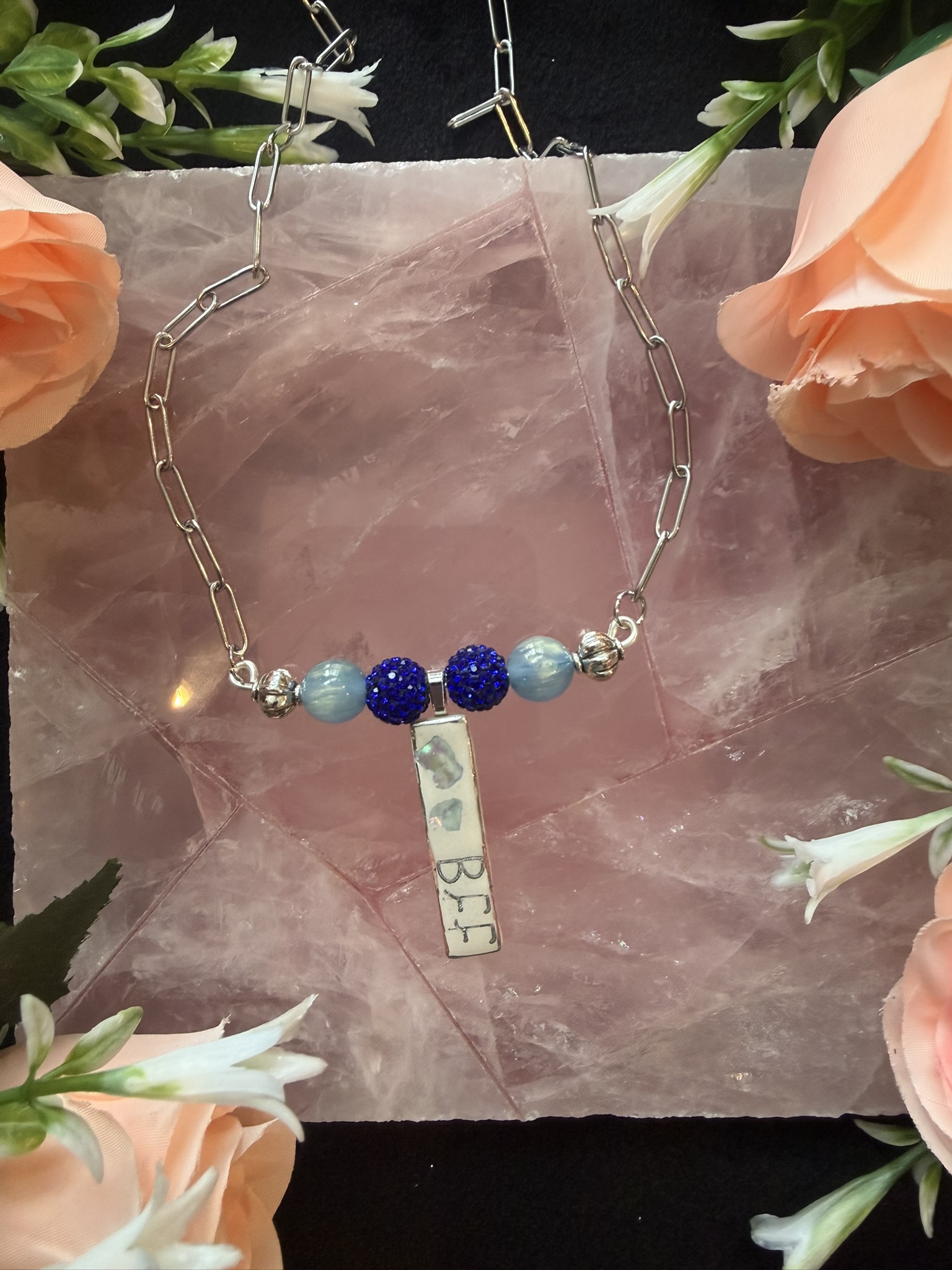 Blue Glass Beaded BFF Bar Necklace