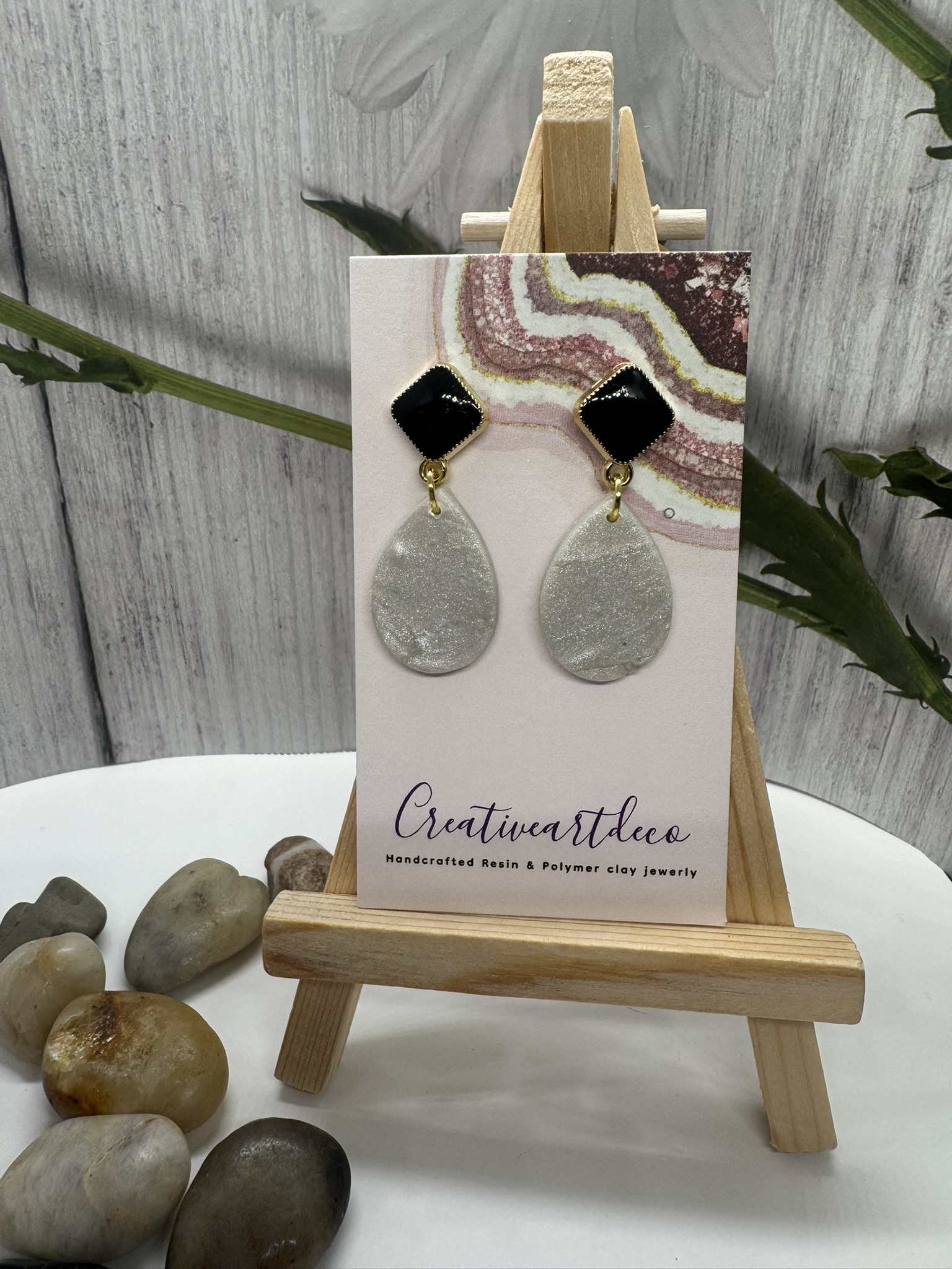 Faux Moonstone teardrop dangles with black enamel post