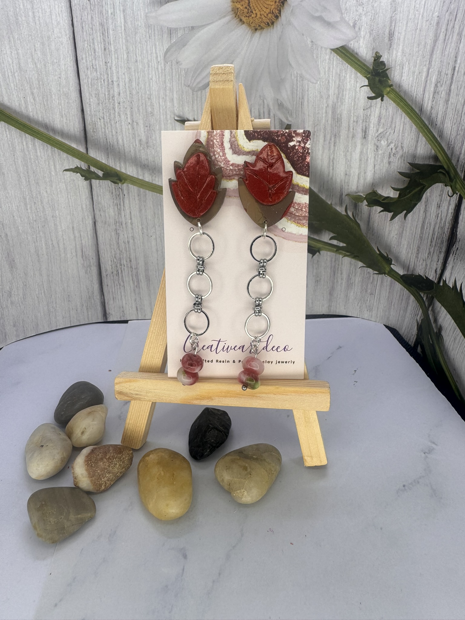 Shimmering Red Leaf and Gemstone Bead Earrings