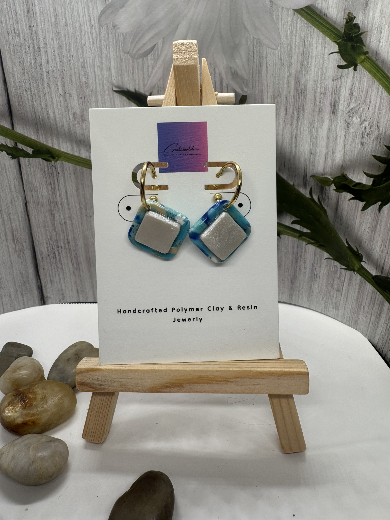 Bezel Blue Scheelite and Faux Moonstone Clay Earrings