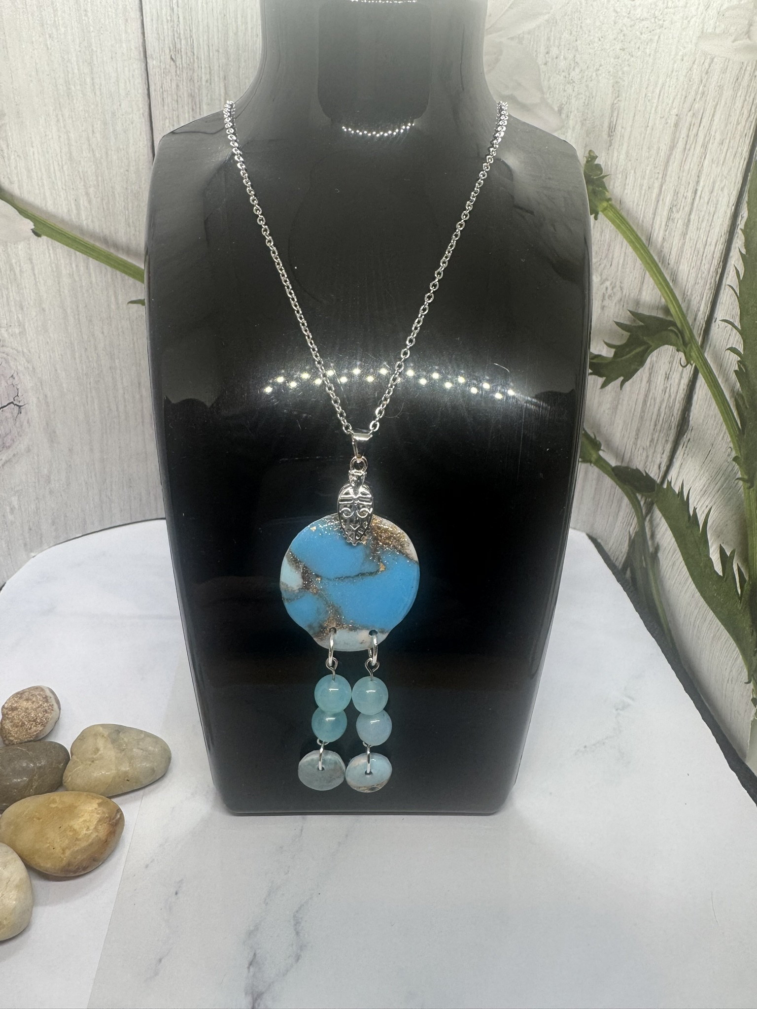 Turquoise Faux Stone Clay Pendant with Gemstone Beads