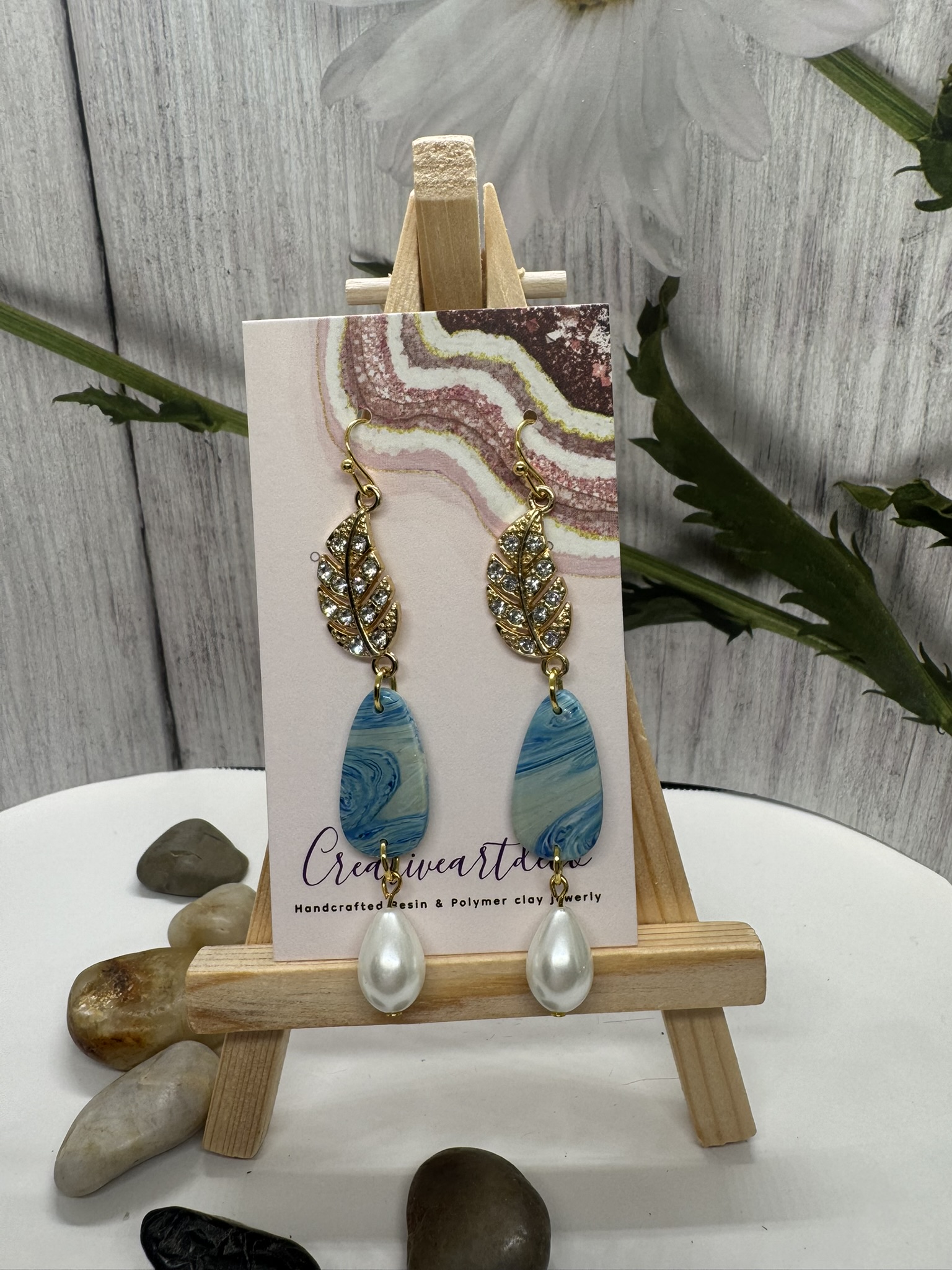Faux Blue Scheelite Teardrop and Leaf/Faux Pearl Earrings