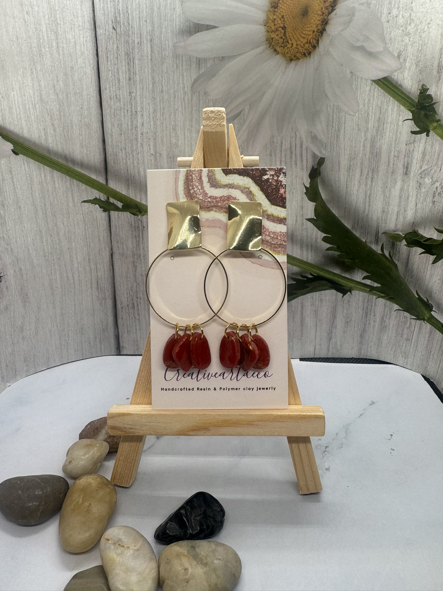 Gold Hoop Earrings with Red Clay Drops