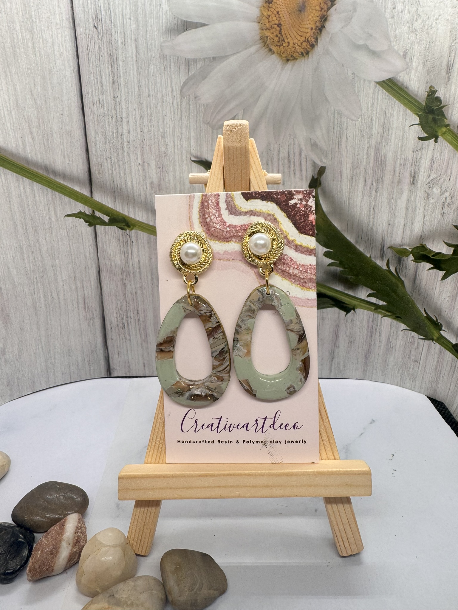Faux Pearl and Oval Faux Stone Hoop Dangle
