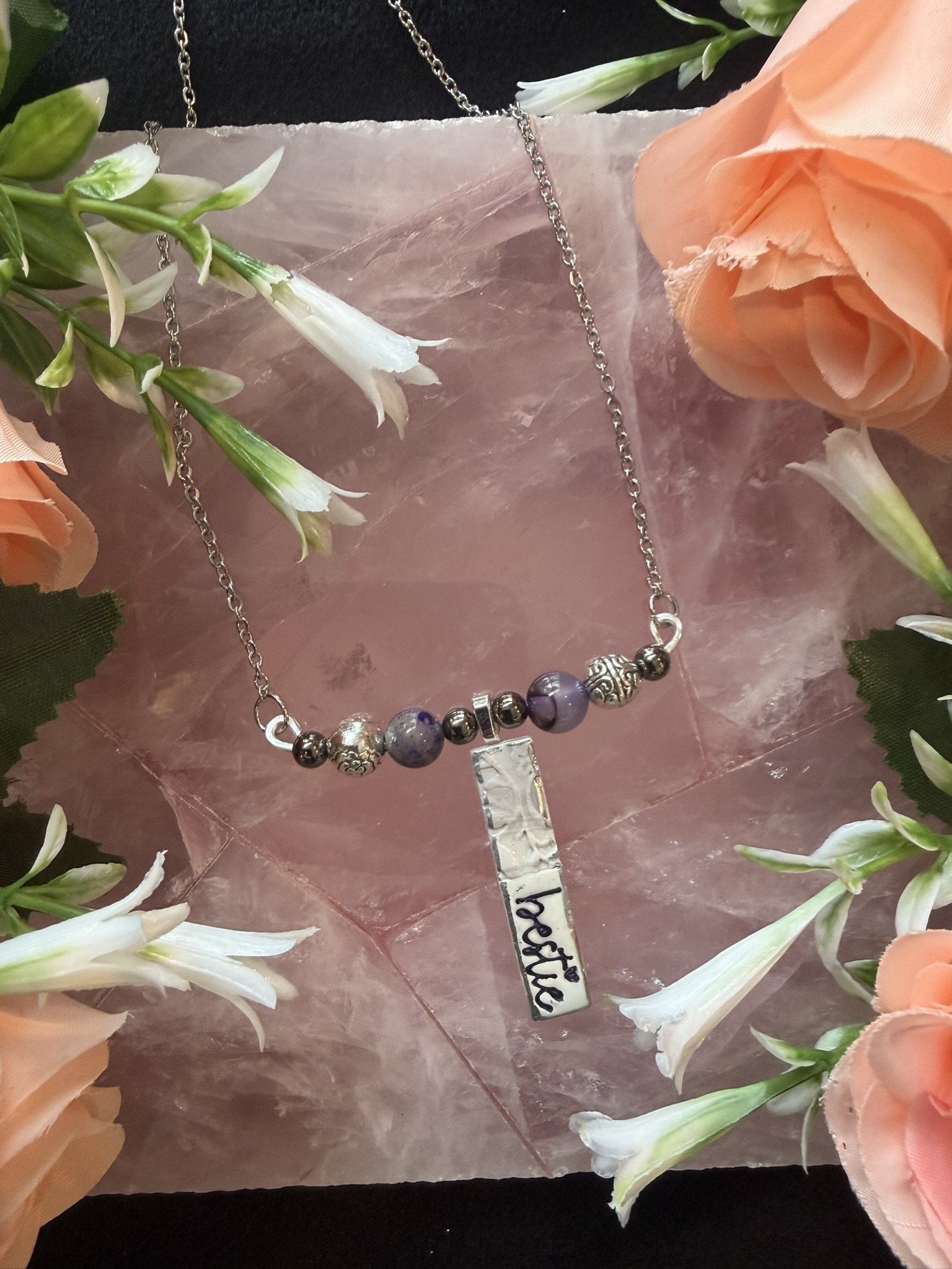 Bestie Bar Necklace and  Amethyst and Hematite Beaded Necklace