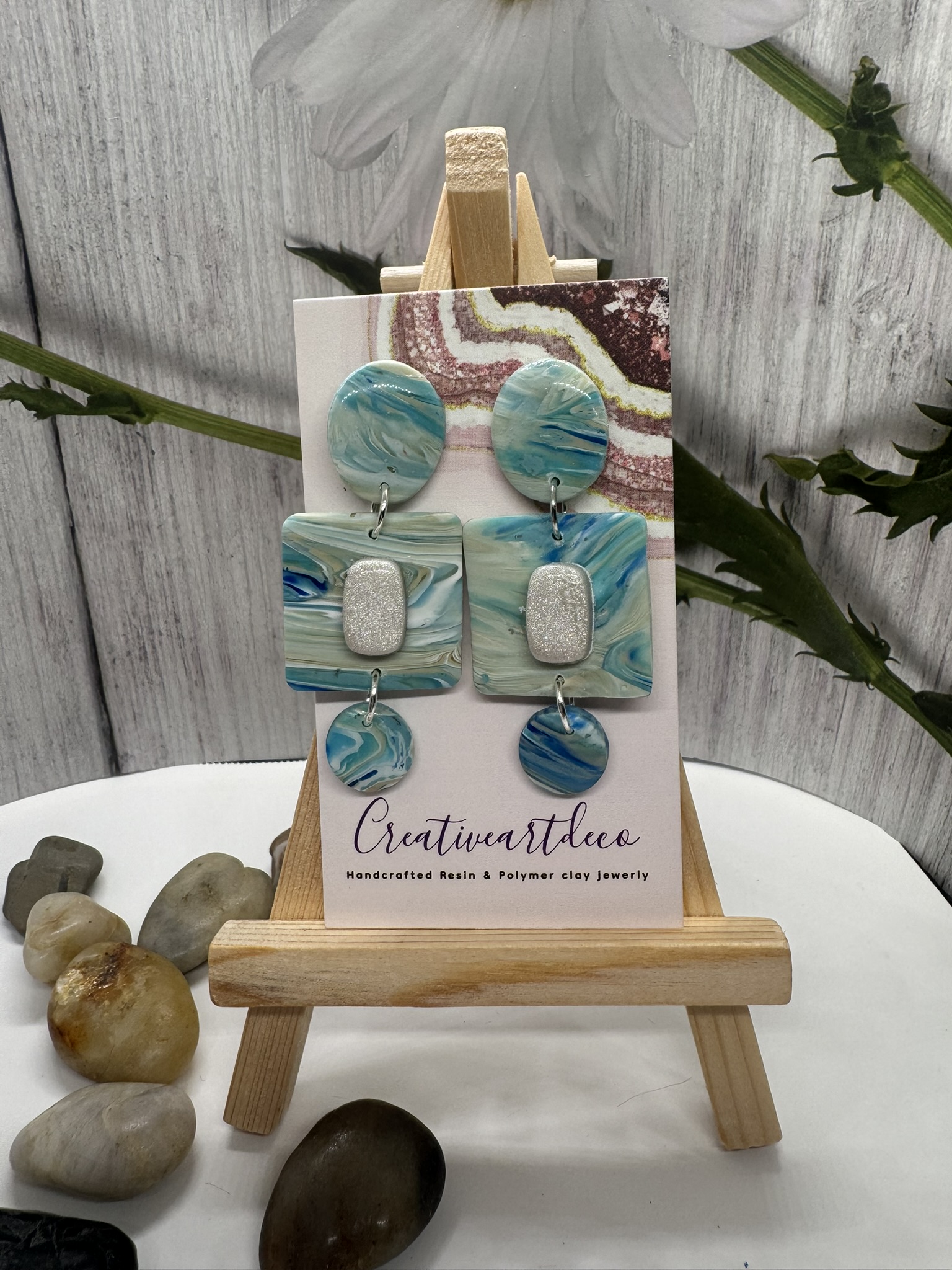Geometric Faux Blue Scheelite and Faux Moonstone Dangles
