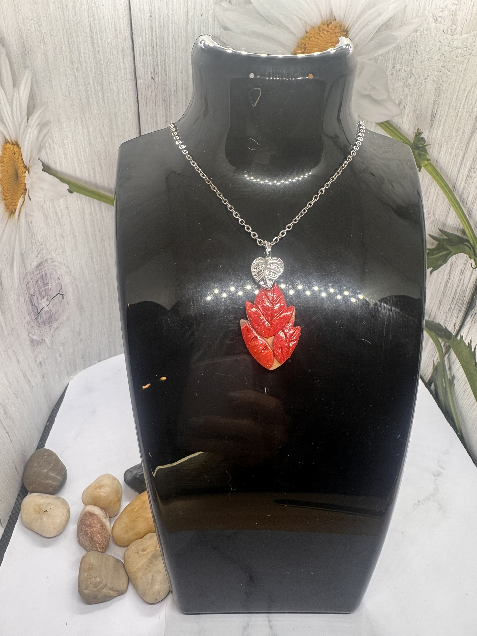 Shimmering Clay Red Leaf Pendant 