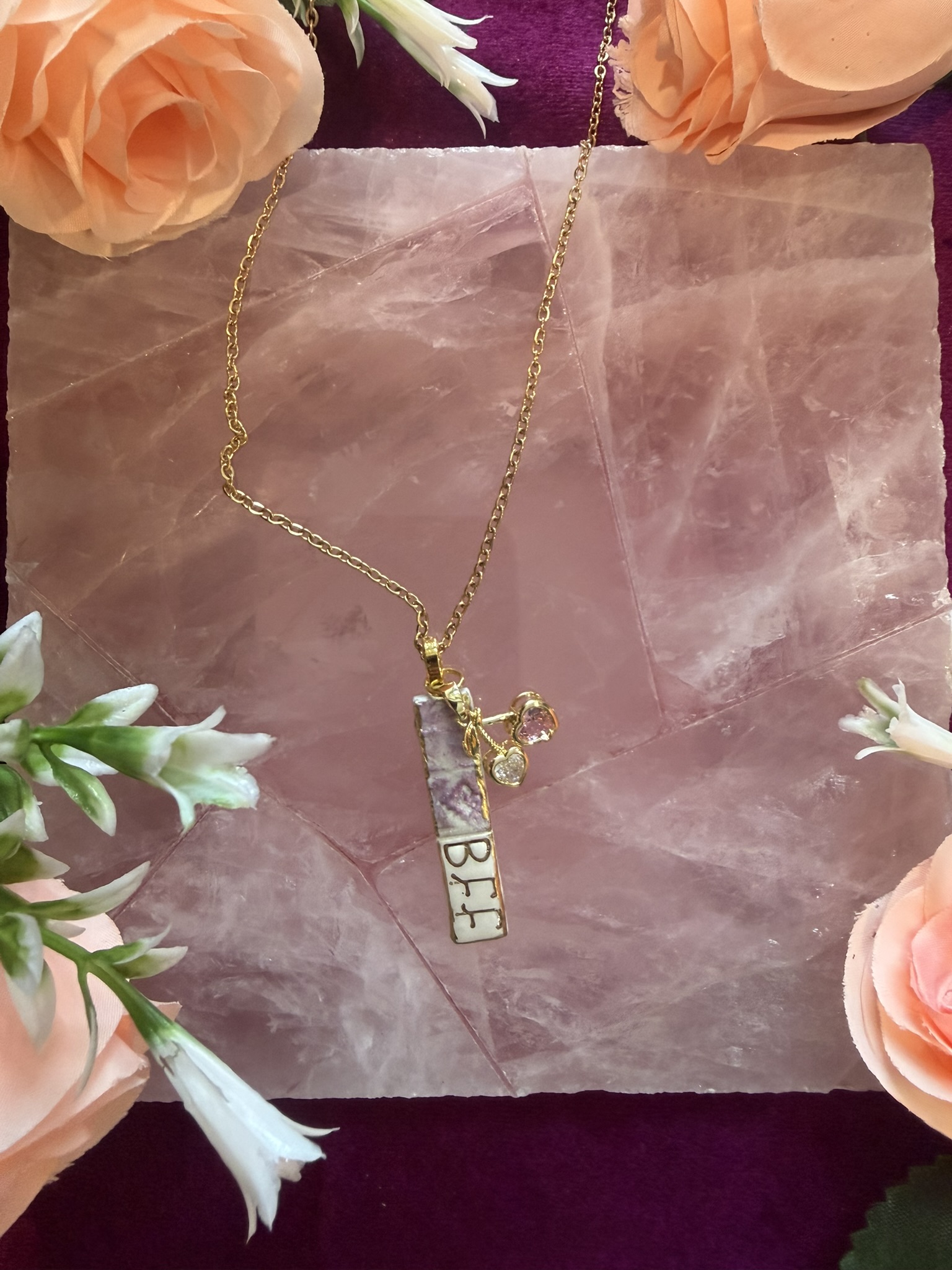 BFF Bar Pendant with Double Heart Cherry Charm