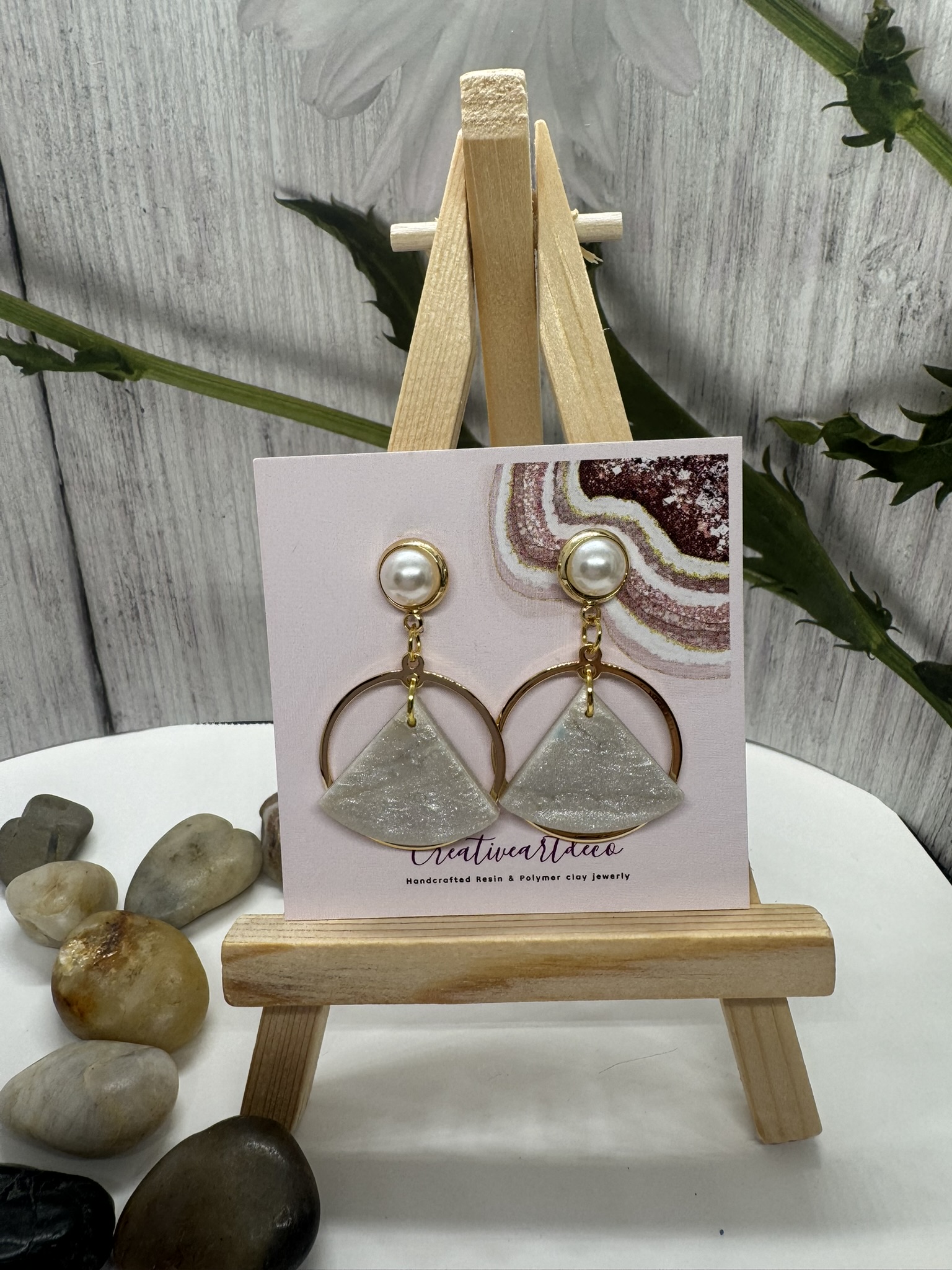 Geometric Faux Moonstone and Faux Pearl Dangles