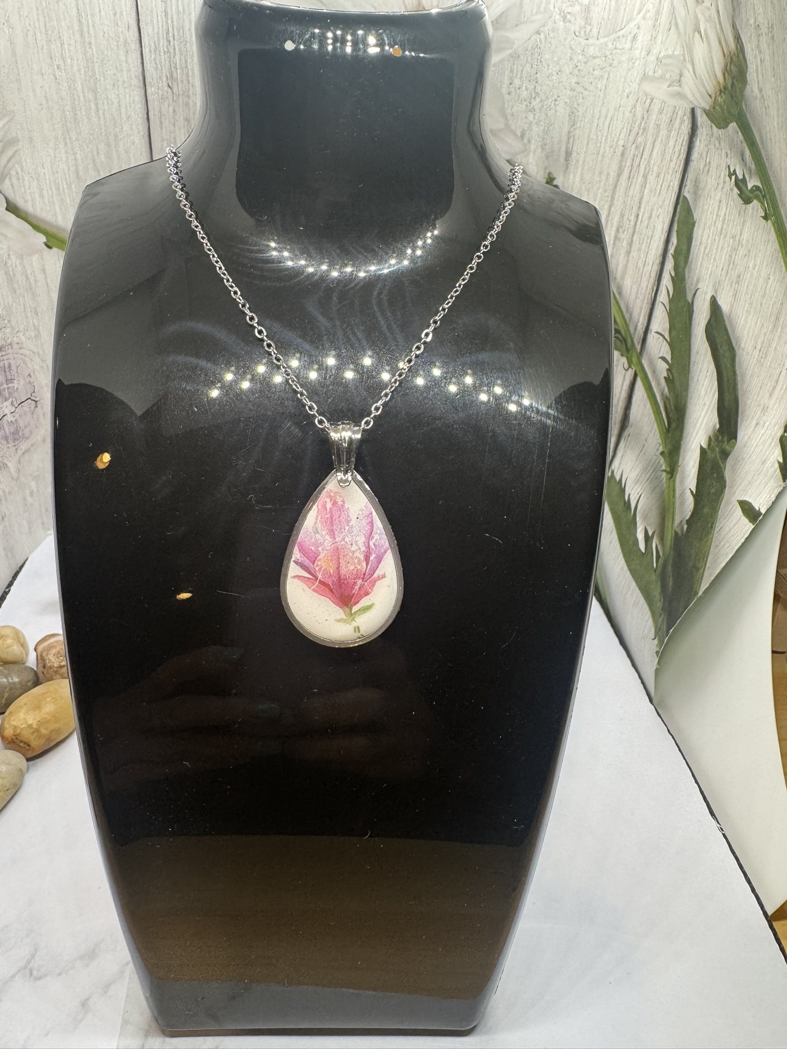 Pink Flower Clay and Resin Pendant 