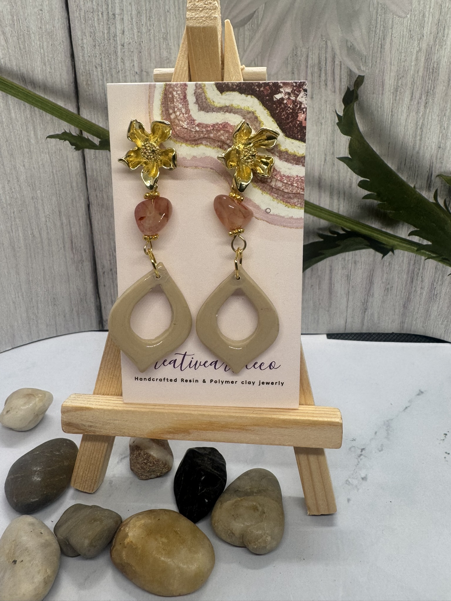 Gold Flower and Gemstone Bead Clay Earrings