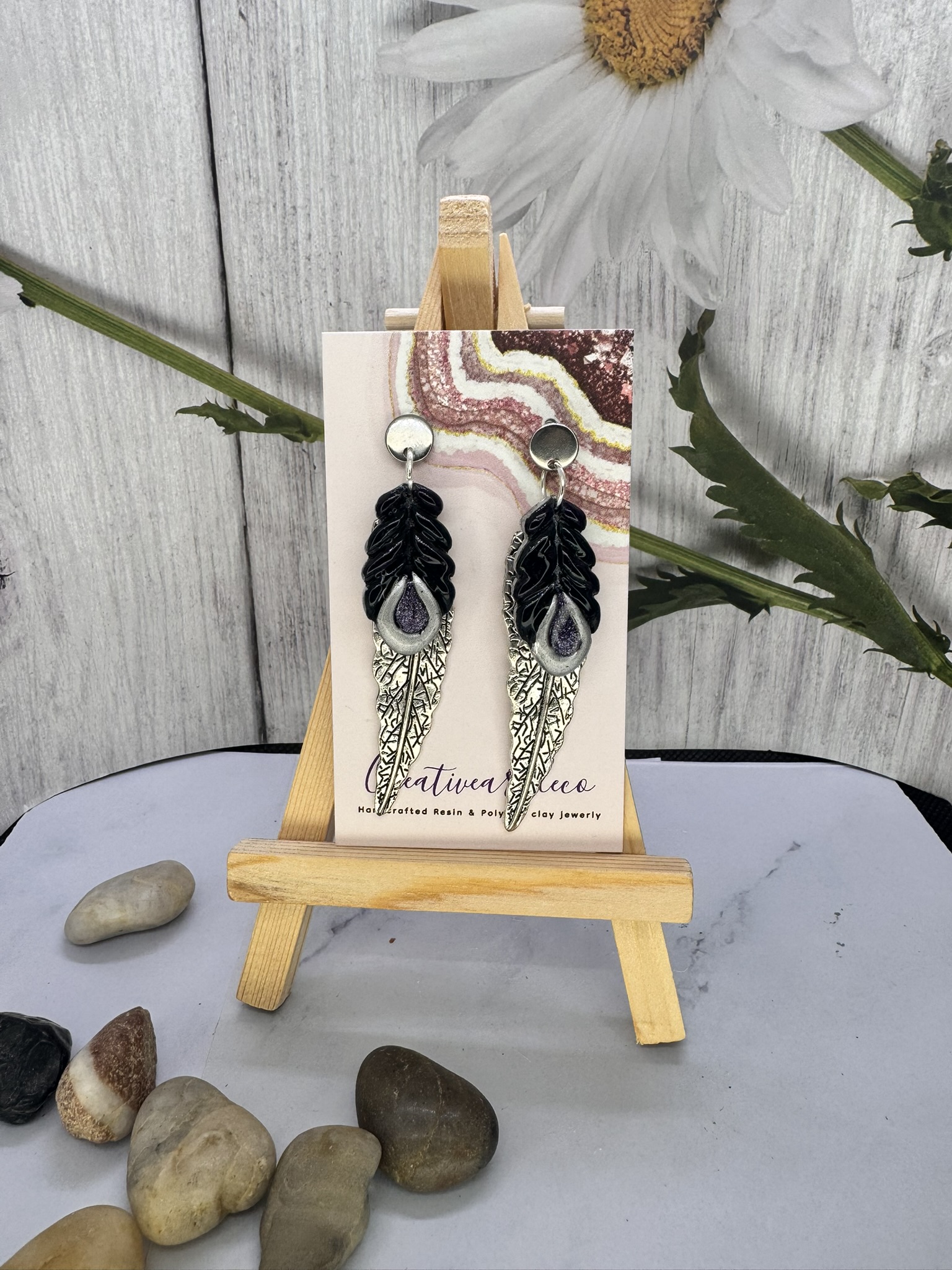 Black and SilverFeather Drop Earrings
