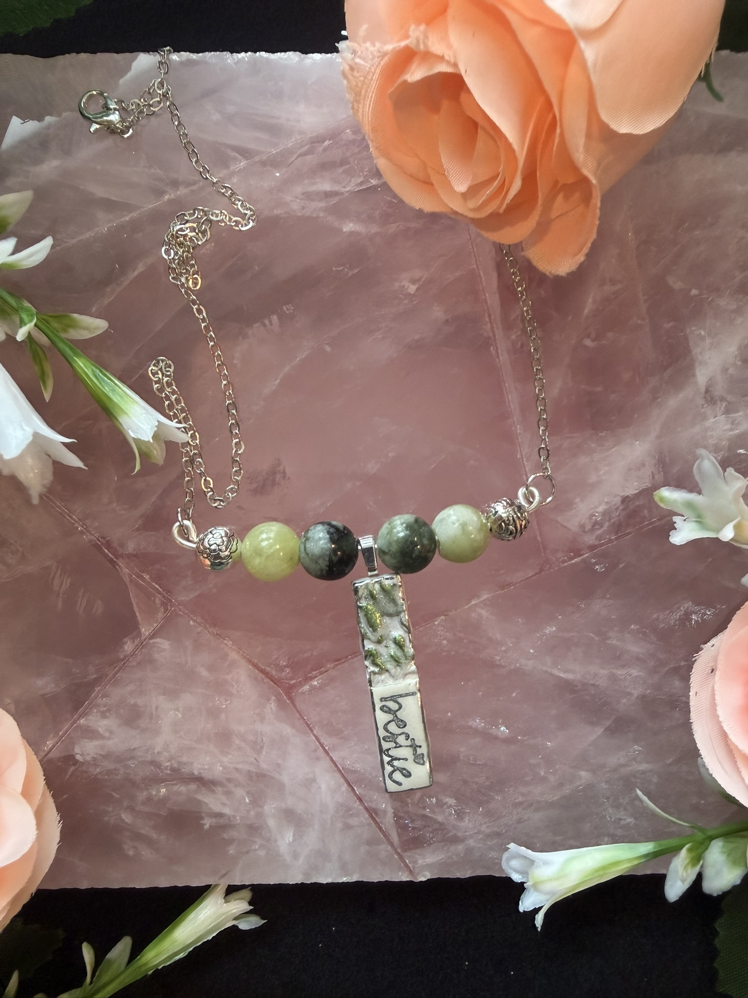 Green Gemstone "BESTIE" Necklace