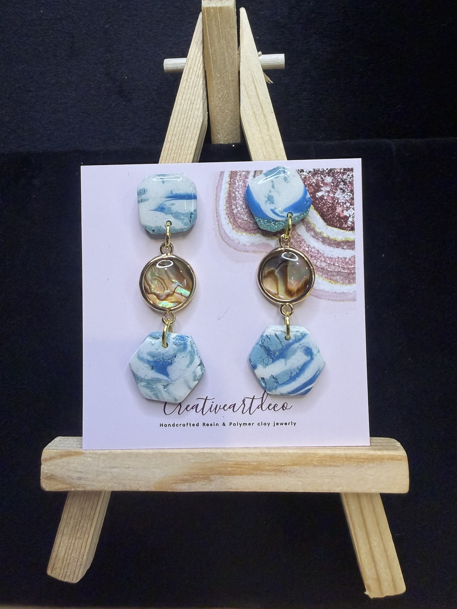 Ocean Blue Marble Polymer Clay and Abalone Earrings